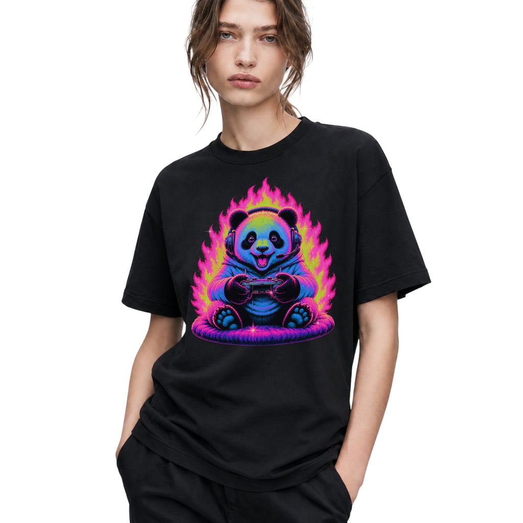 SF_COLOR=black; SF_ITEM=adult-t-shirt; SF_ROLE=gallery; Gamer Panda T-Shirt Neon Fire Headphones Video Game Controller Kawaii Anime Tee - Black Adult T-Shirt product image
