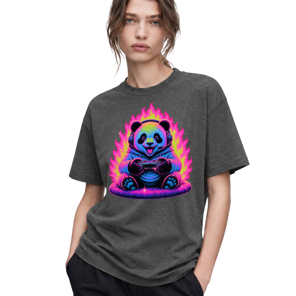 SF_COLOR=dark-heather; SF_ITEM=adult-t-shirt; SF_ROLE=gallery; Gamer Panda T-Shirt Neon Fire Headphones Video Game Controller Kawaii Anime Tee - Dark Heather Adult T-Shirt product image