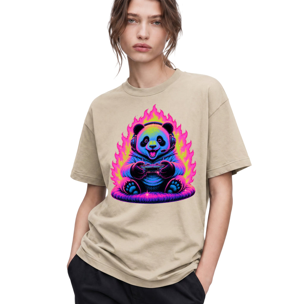 SF_COLOR=sand; SF_ITEM=adult-t-shirt; SF_ROLE=gallery; Gamer Panda T-Shirt Neon Fire Headphones Video Game Controller Kawaii Anime Tee - Sand Adult T-Shirt product image