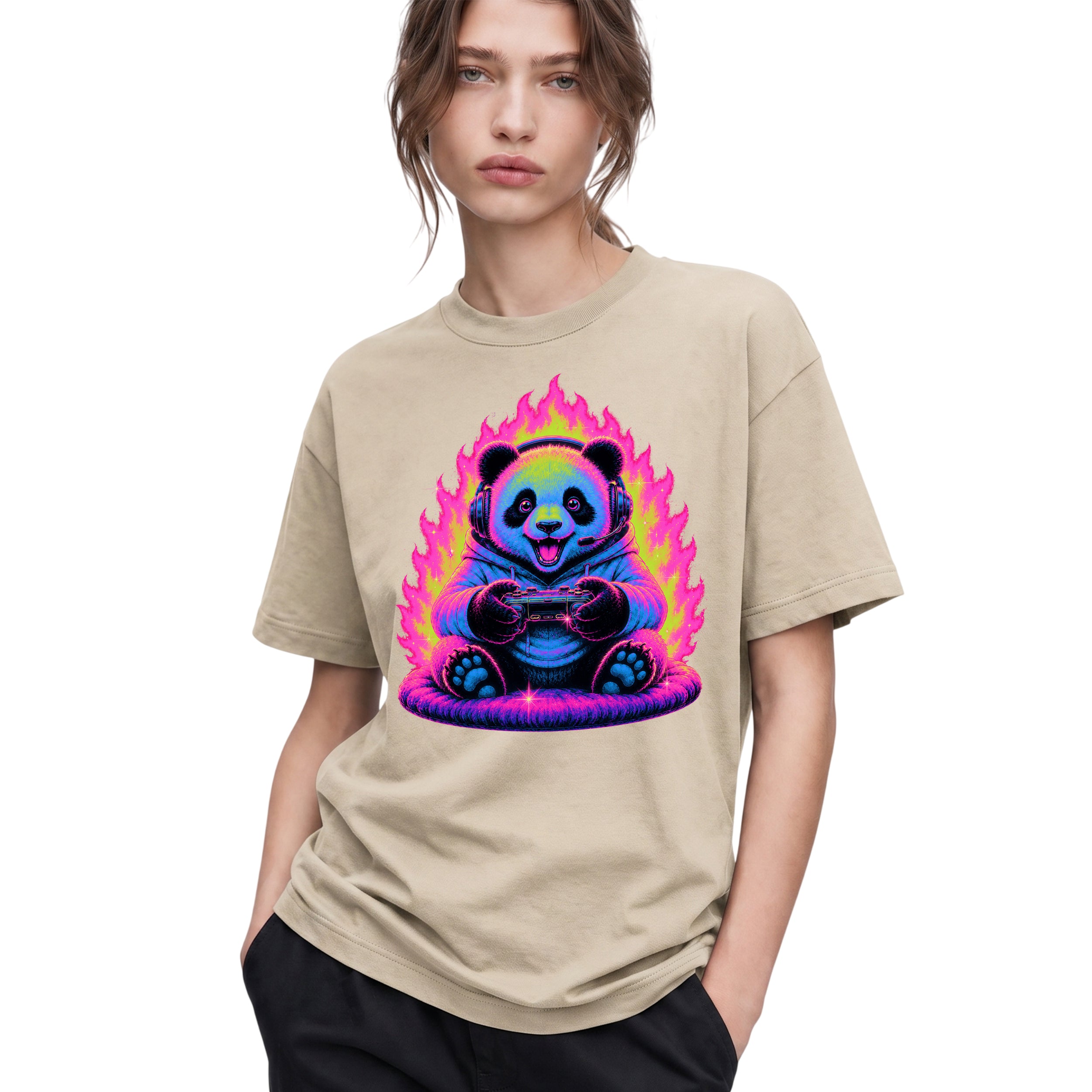SF_COLOR=sand; SF_ITEM=adult-t-shirt; SF_ROLE=gallery; Gamer Panda T-Shirt Neon Fire Headphones Video Game Controller Kawaii Anime Tee - Sand Adult T-Shirt product image