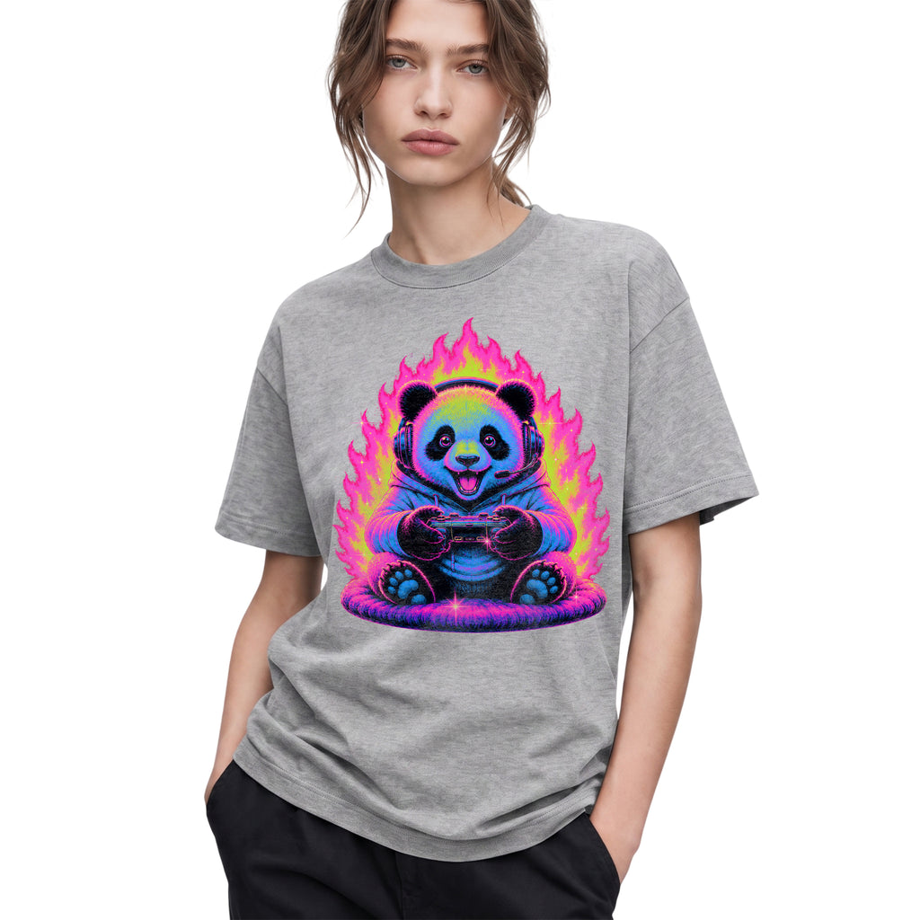 SF_COLOR=sport-grey; SF_ITEM=adult-t-shirt; SF_ROLE=gallery; Gamer Panda T-Shirt Neon Fire Headphones Video Game Controller Kawaii Anime Tee - Sport Grey Adult T-Shirt product image