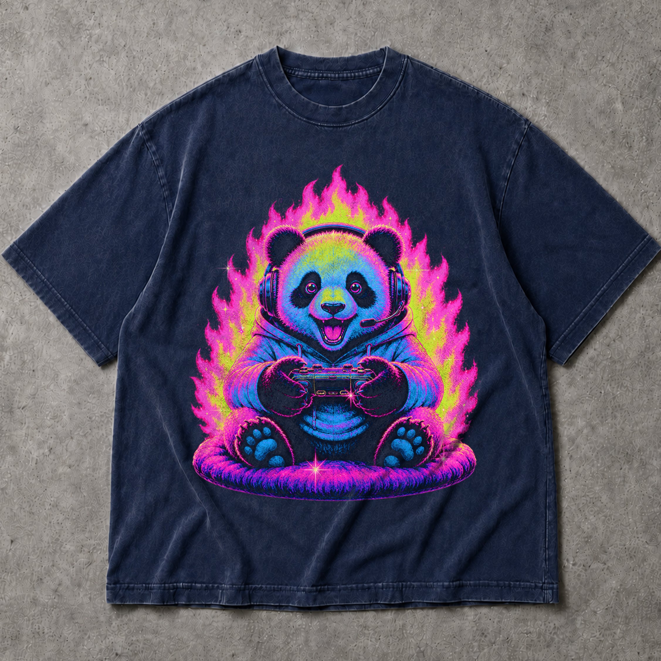 SF_COLOR=navy; SF_ITEM=adult-t-shirt; SF_ROLE=main; Gamer Panda T-Shirt Neon Fire Headphones Video Game Controller Kawaii Anime Tee - Navy Adult T-Shirt product image