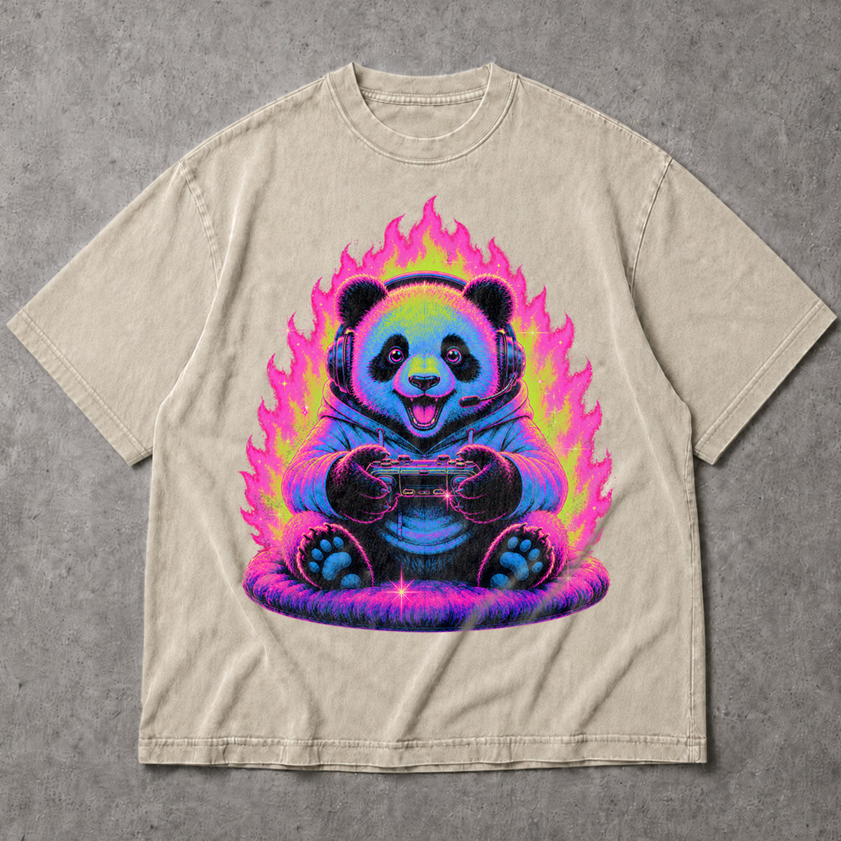 SF_COLOR=sand; SF_ITEM=adult-t-shirt; SF_ROLE=main; Gamer Panda T-Shirt Neon Fire Headphones Video Game Controller Kawaii Anime Tee - Sand Adult T-Shirt product image