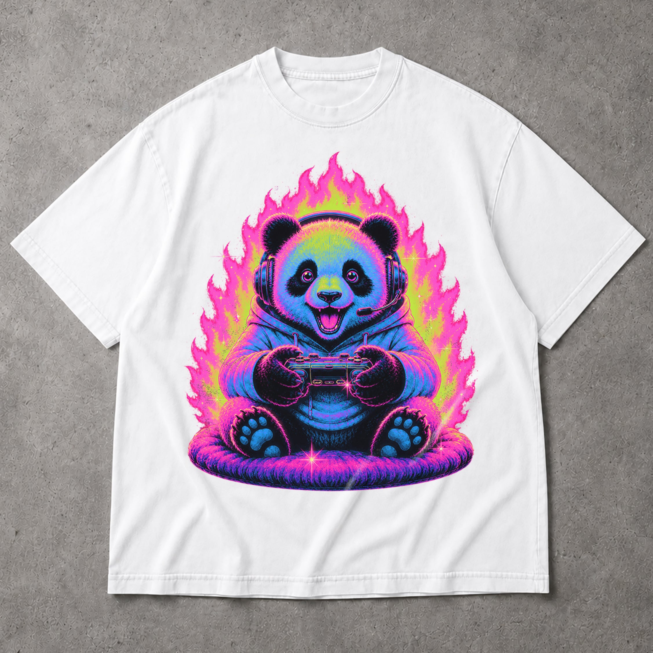 SF_COLOR=white; SF_ITEM=adult-t-shirt; SF_ROLE=main; Gamer Panda T-Shirt Neon Fire Headphones Video Game Controller Kawaii Anime Tee - White Adult T-Shirt product image