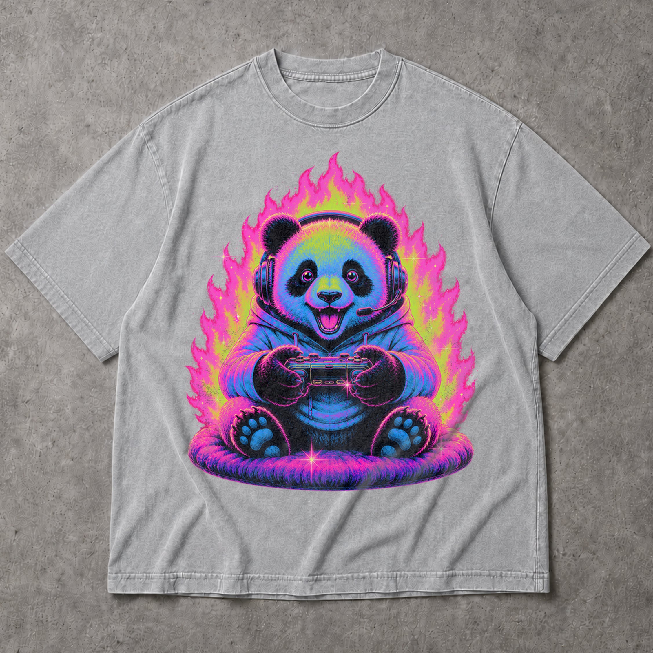 SF_COLOR=sport-grey; SF_ITEM=adult-t-shirt; SF_ROLE=main; Gamer Panda T-Shirt Neon Fire Headphones Video Game Controller Kawaii Anime Tee - Sport Grey Adult T-Shirt product image