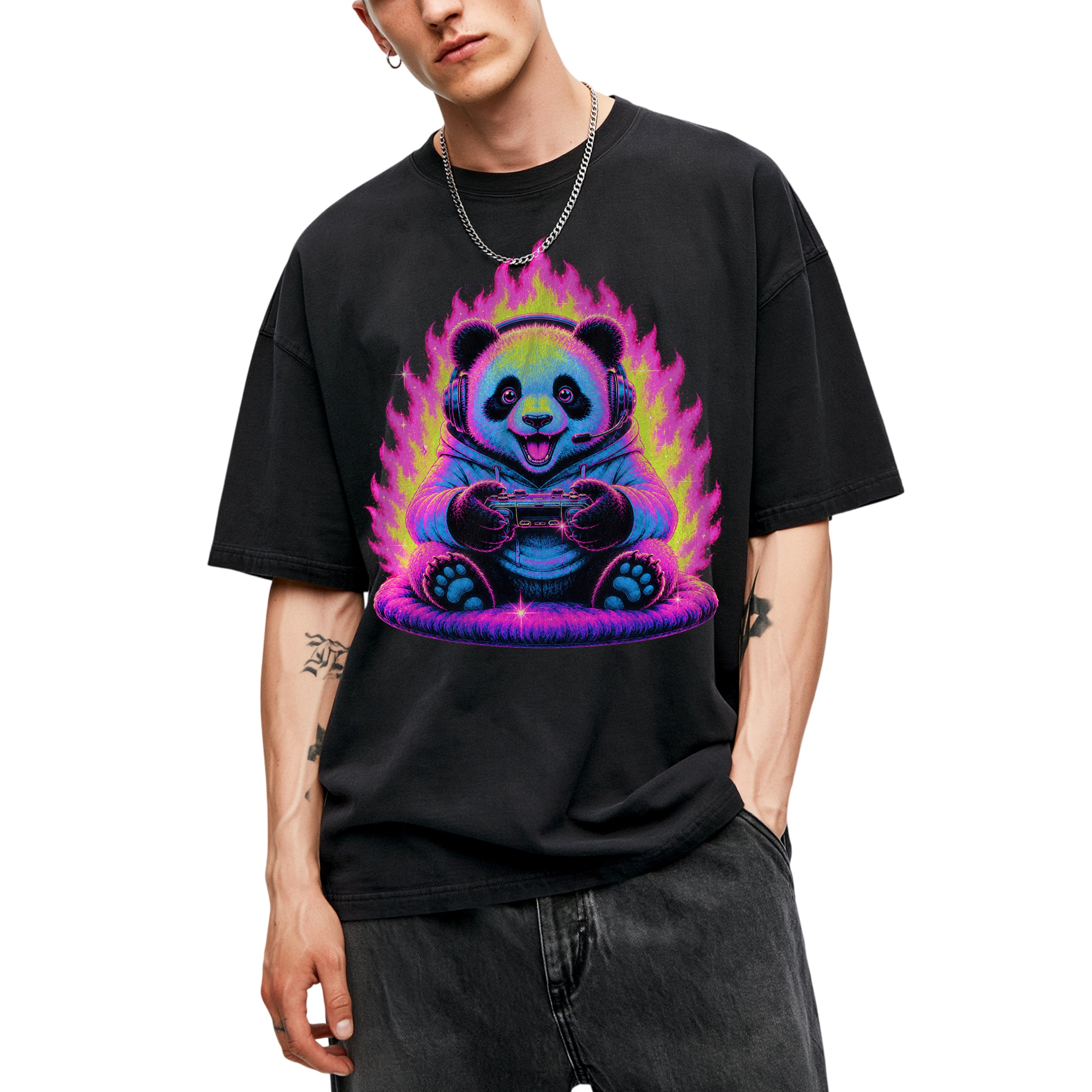 SF_COLOR=black; SF_ITEM=adult-t-shirt; SF_ROLE=gallery; Gamer Panda T-Shirt Neon Fire Headphones Video Game Controller Kawaii Anime Tee - Black Adult T-Shirt product image