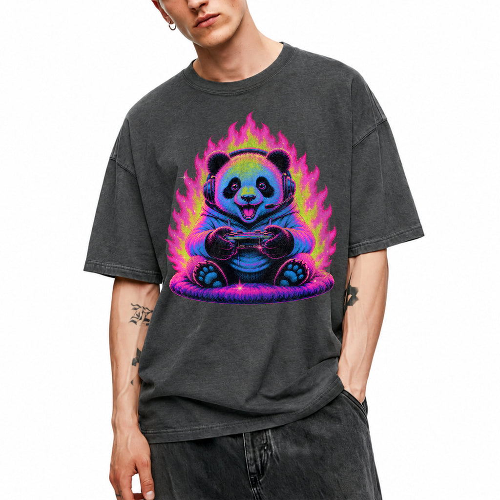 SF_COLOR=dark-heather; SF_ITEM=adult-t-shirt; SF_ROLE=gallery; Gamer Panda T-Shirt Neon Fire Headphones Video Game Controller Kawaii Anime Tee - Dark Heather Adult T-Shirt product image