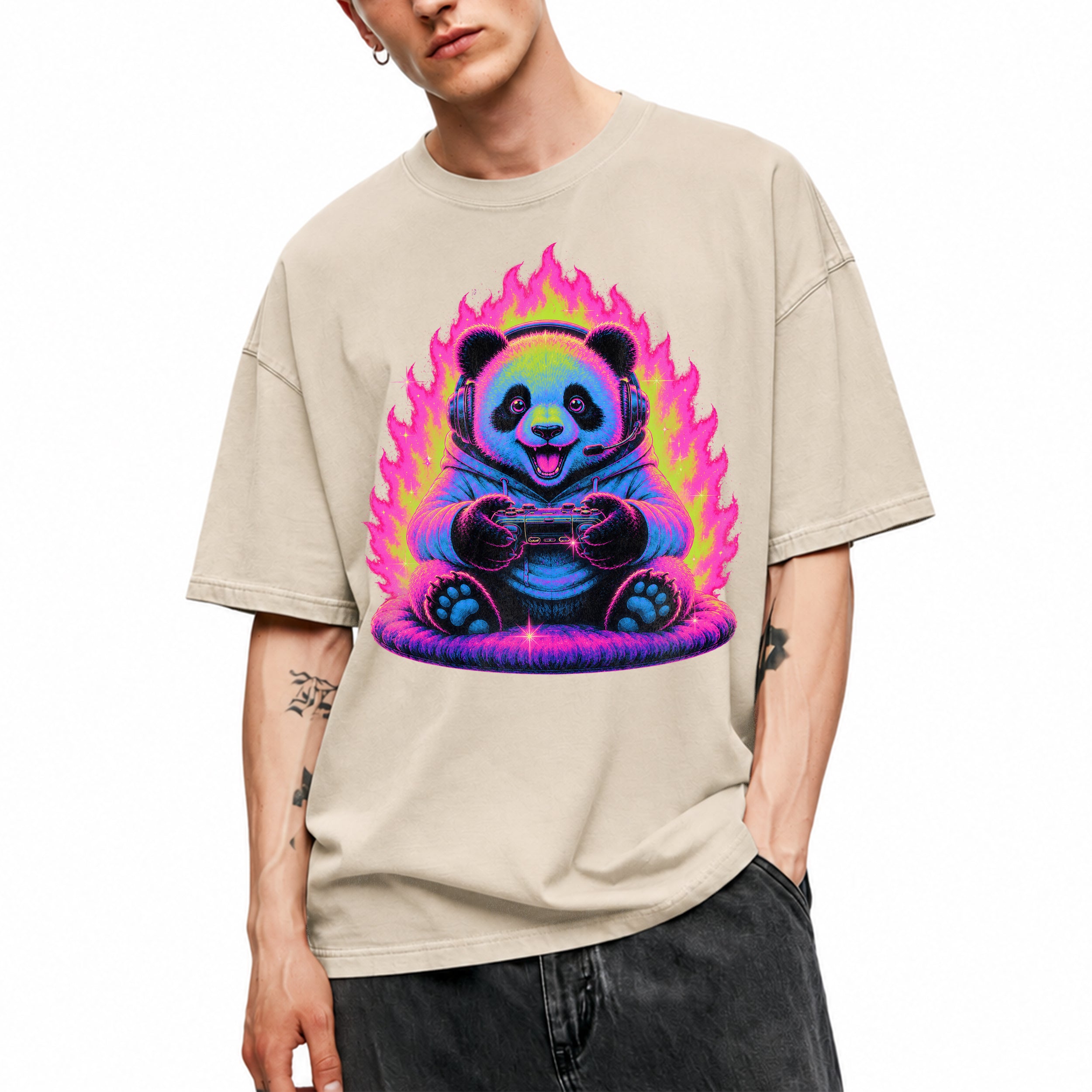 SF_COLOR=sand; SF_ITEM=adult-t-shirt; SF_ROLE=gallery; Gamer Panda T-Shirt Neon Fire Headphones Video Game Controller Kawaii Anime Tee - Sand Adult T-Shirt product image