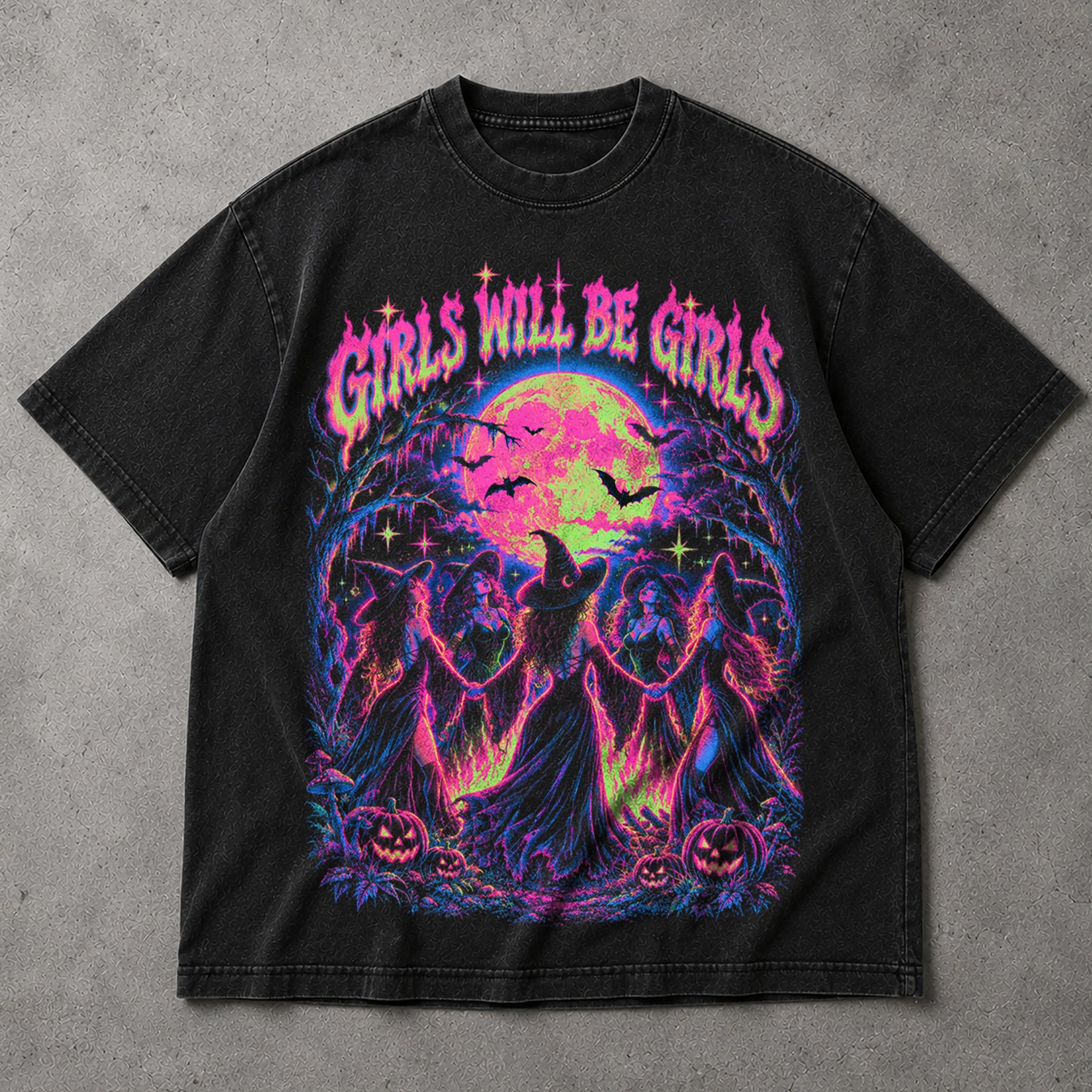 SF_COLOR=black; SF_ITEM=adult-t-shirt; SF_ROLE=main; Girls Will Be Girls Witches Coven T-Shirt Neon Dancing Forest Halloween Tee - Black Adult T-Shirt product image