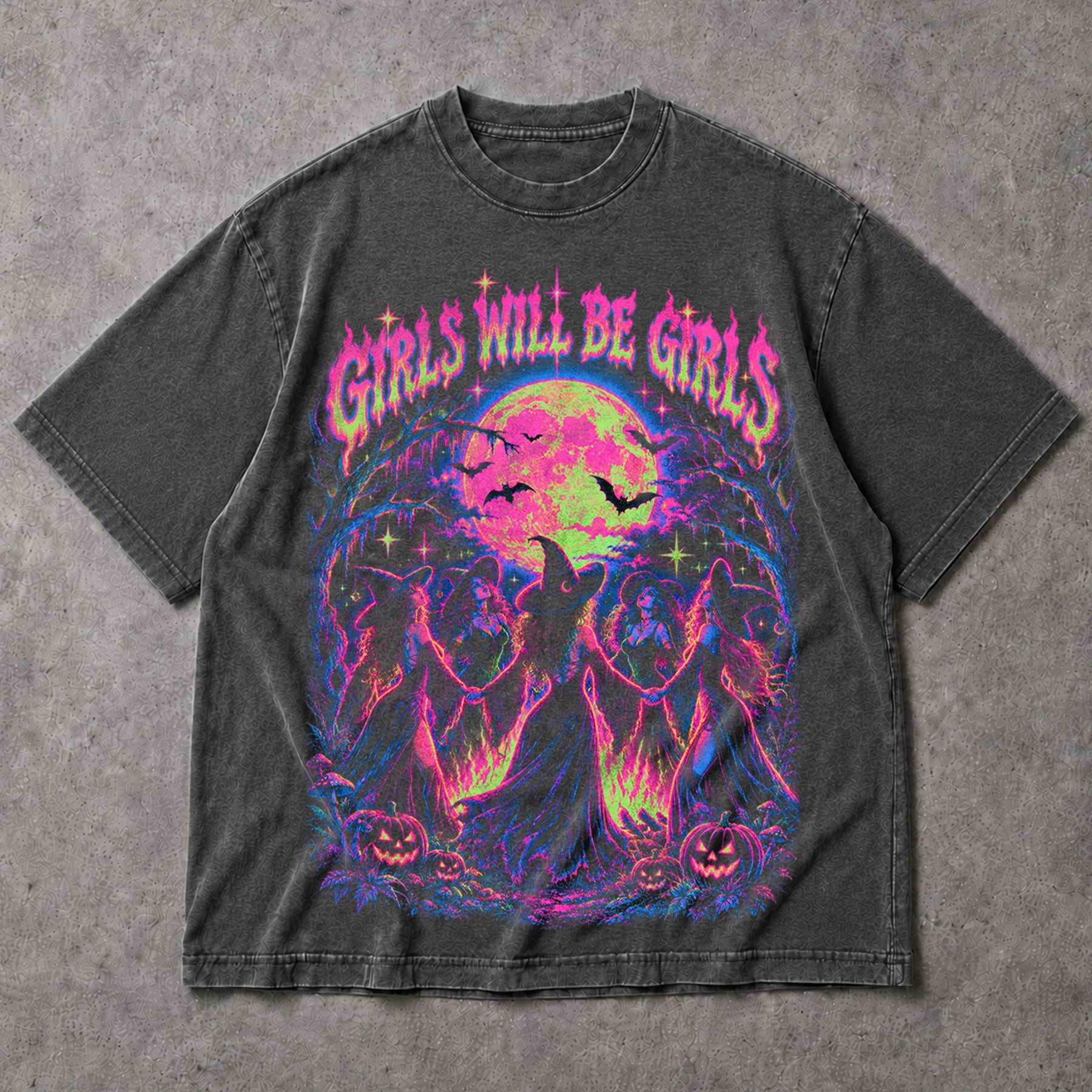 SF_COLOR=dark-heather; SF_ITEM=adult-t-shirt; SF_ROLE=main; Girls Will Be Girls Witches Coven T-Shirt Neon Dancing Forest Halloween Tee - Dark Heather Adult T-Shirt product image