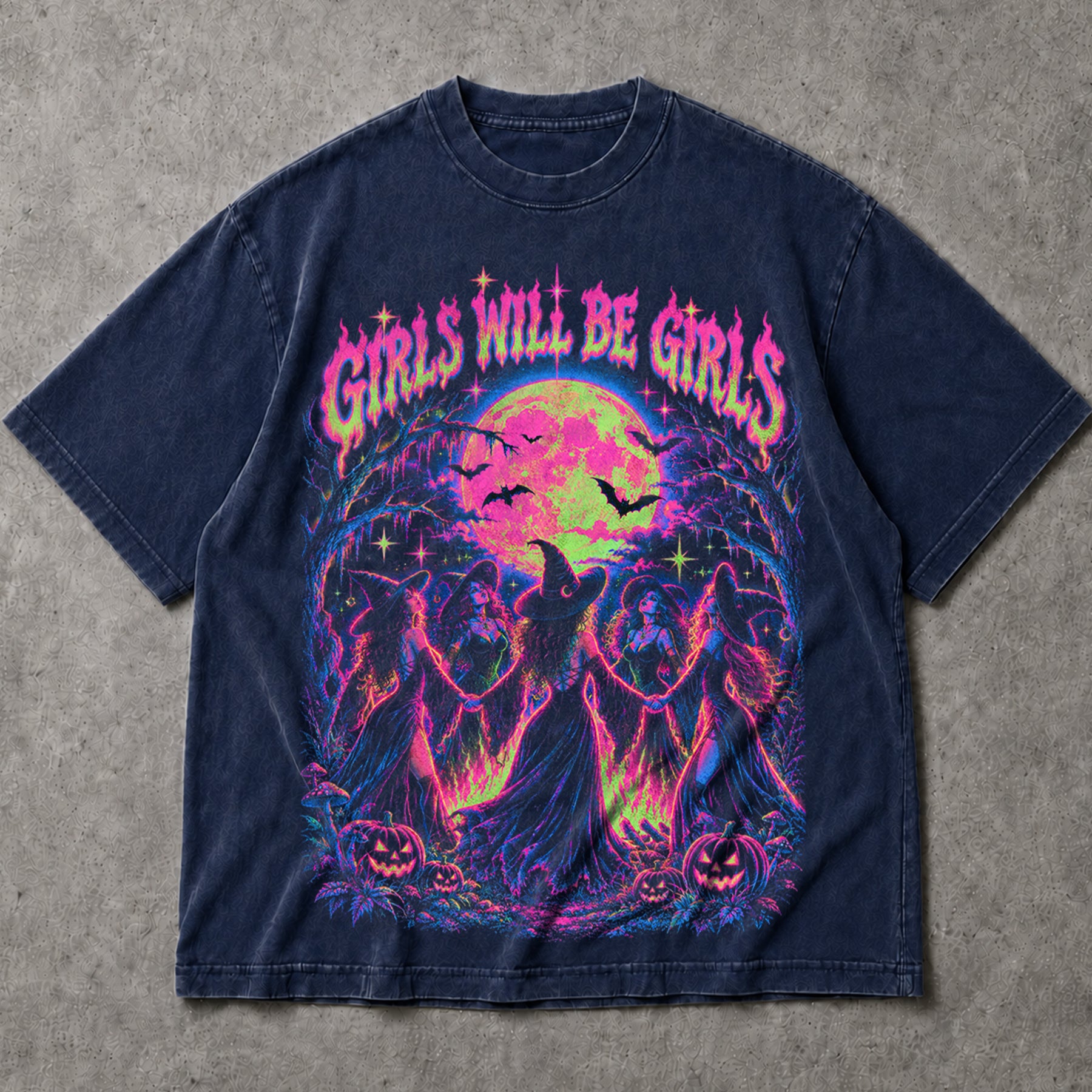 SF_COLOR=navy; SF_ITEM=adult-t-shirt; SF_ROLE=main; Girls Will Be Girls Witches Coven T-Shirt Neon Dancing Forest Halloween Tee - Navy Adult T-Shirt product image