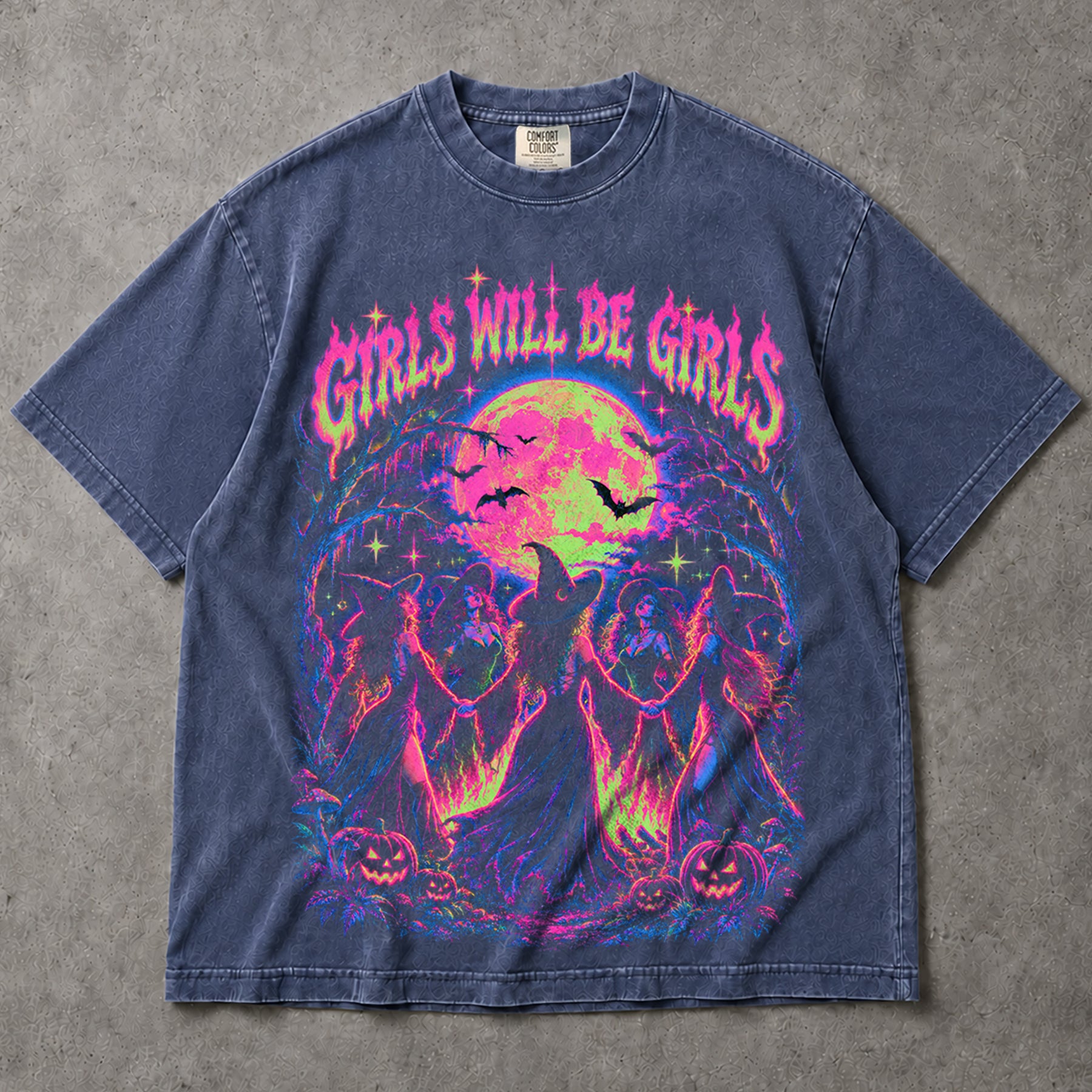 SF_COLOR=sport-grey|denim; SF_ITEM=adult-t-shirt; SF_ROLE=main; Girls Will Be Girls Witches Coven T-Shirt Neon Dancing Forest Halloween Tee - Sport Grey, Denim Adult T-Shirt product image