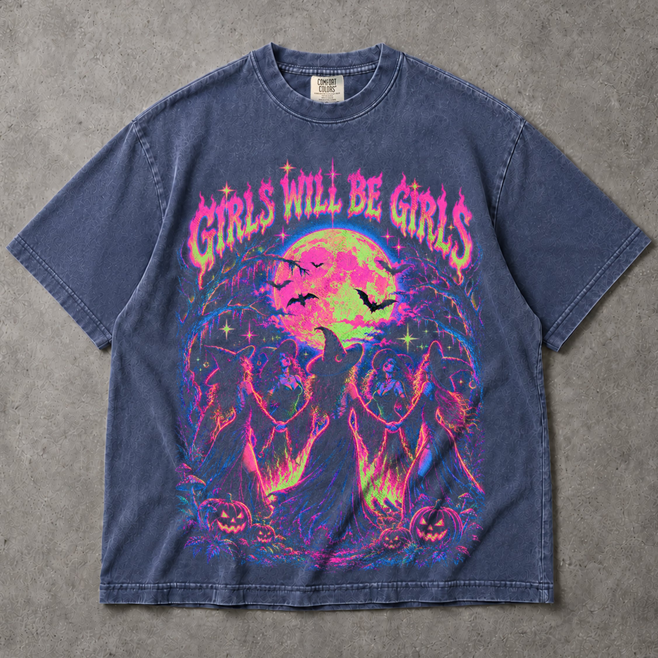 SF_COLOR=sport-grey|denim; SF_ITEM=adult-t-shirt; SF_ROLE=main; Girls Will Be Girls Witches Coven T-Shirt Neon Dancing Forest Halloween Tee - Sport Grey, Denim Adult T-Shirt product image