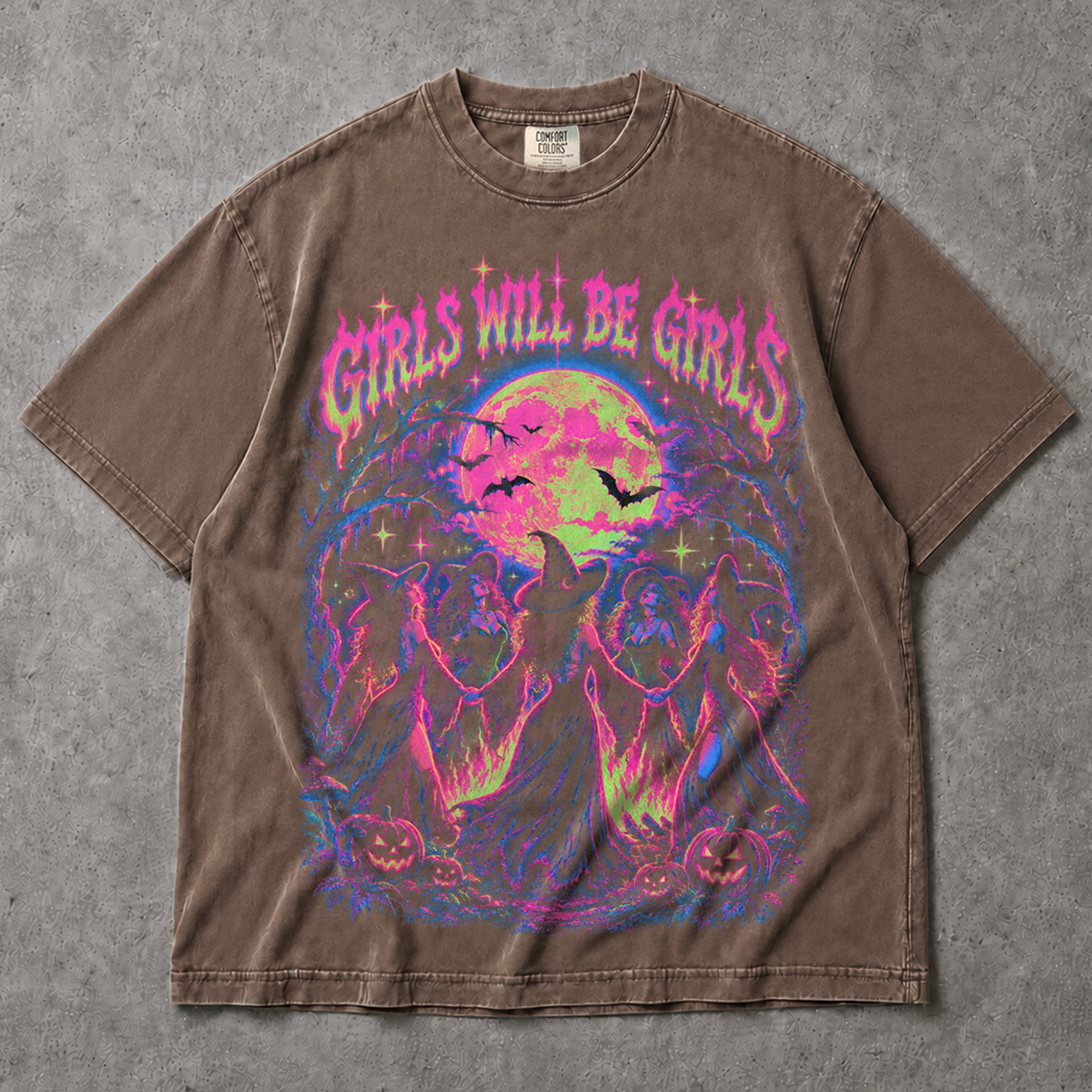 SF_COLOR=sport-grey|espresso; SF_ITEM=adult-t-shirt; SF_ROLE=main; Girls Will Be Girls Witches Coven T-Shirt Neon Dancing Forest Halloween Tee - Sport Grey, Espresso Adult T-Shirt product image