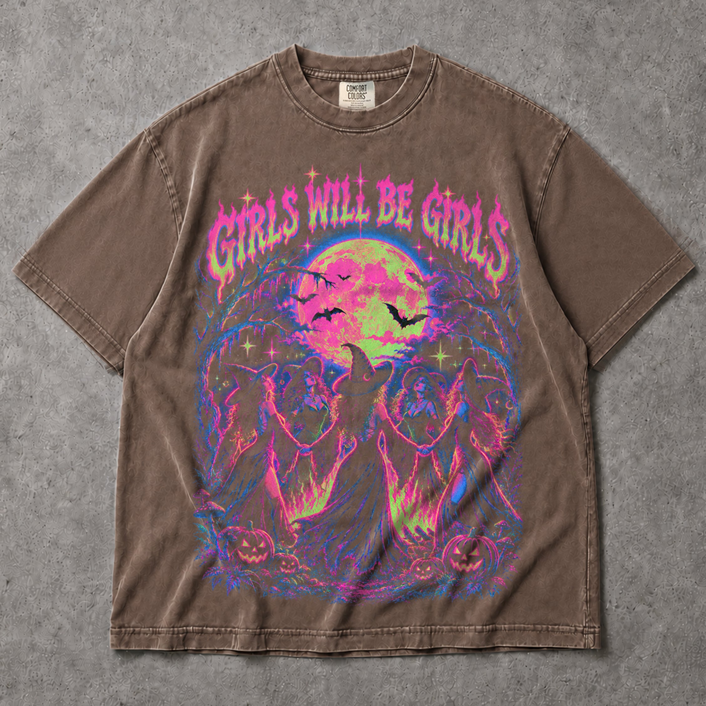 SF_COLOR=sport-grey|espresso; SF_ITEM=adult-t-shirt; SF_ROLE=main; Girls Will Be Girls Witches Coven T-Shirt Neon Dancing Forest Halloween Tee - Sport Grey, Espresso Adult T-Shirt product image