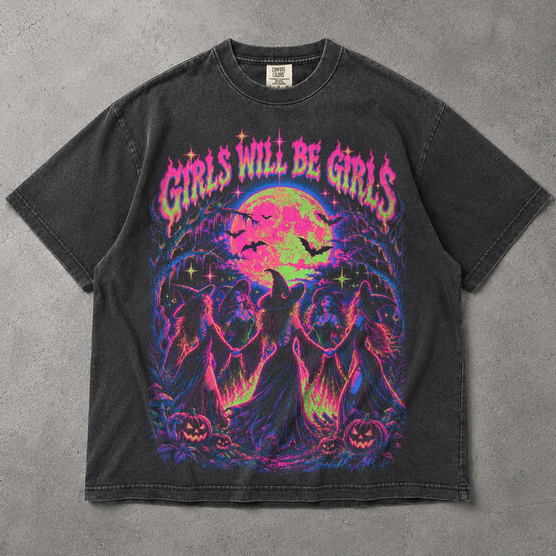 SF_COLOR=graphite; SF_ITEM=adult-t-shirt; SF_ROLE=main; Girls Will Be Girls Witches Coven T-Shirt Neon Dancing Forest Halloween Tee - Graphite Adult T-Shirt product image
