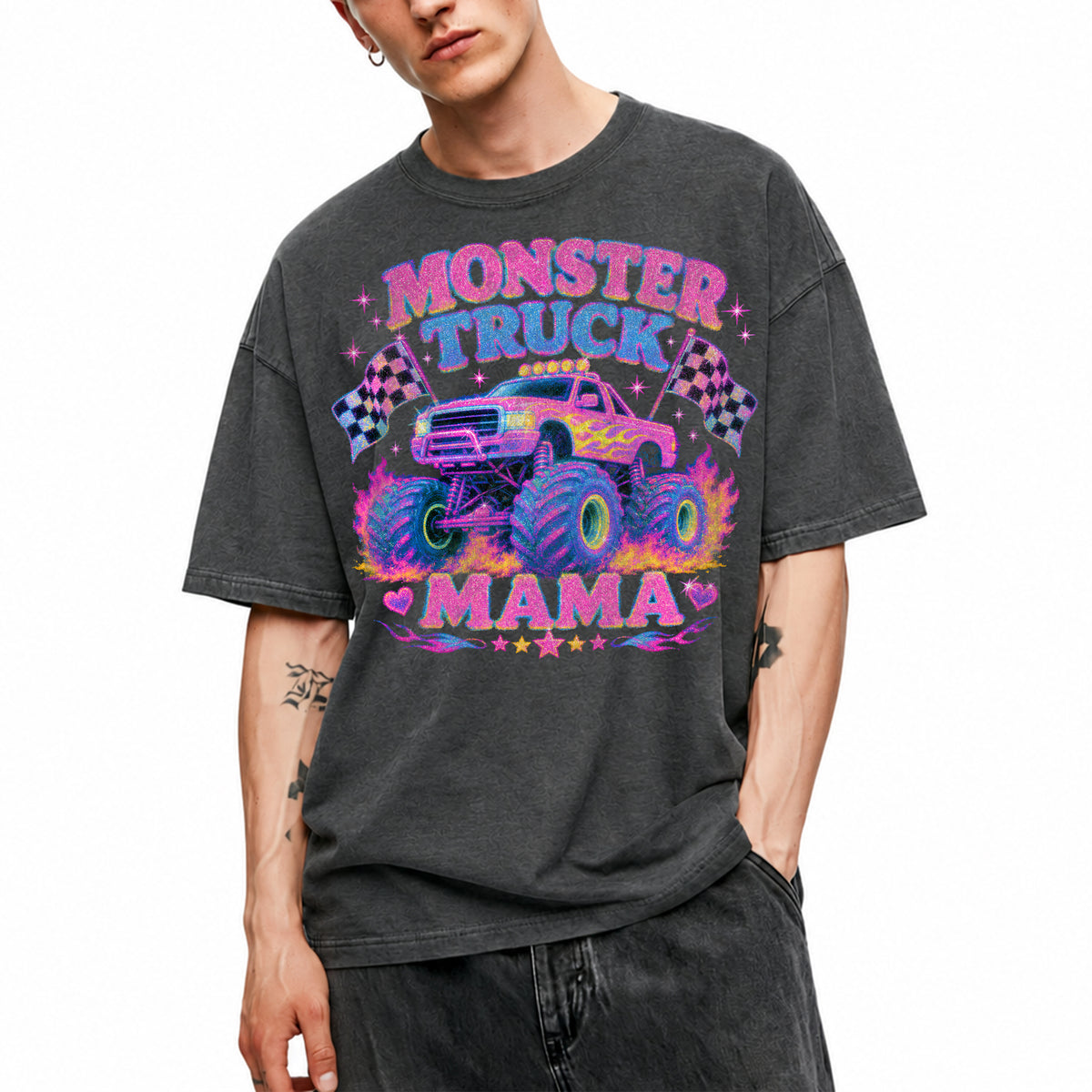 SF_COLOR=dark-heather; SF_ITEM=adult-t-shirt; SF_ROLE=main; Glitter Monster Truck Mama Racing Flame T-Shirt Funny Mother Retro Tee - Dark Heather Adult T-Shirt product image