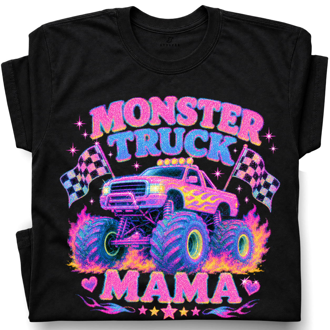SF_COLOR=black; SF_ITEM=adult-t-shirt; SF_ROLE=gallery; Glitter Monster Truck Mama Racing Flame T-Shirt Funny Mother Retro Tee - Black Adult T-Shirt product image