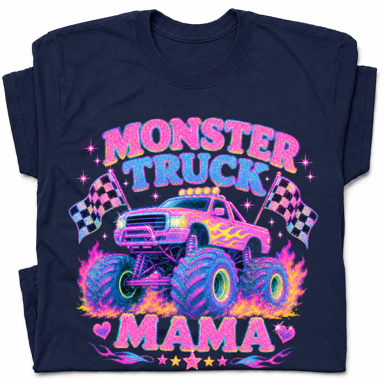 SF_COLOR=navy; SF_ITEM=adult-t-shirt; SF_ROLE=gallery; Glitter Monster Truck Mama Racing Flame T-Shirt Funny Mother Retro Tee - Navy Adult T-Shirt product image