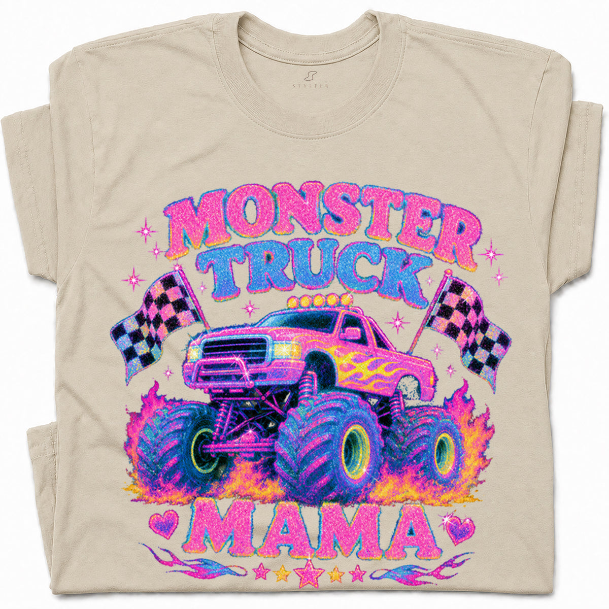 SF_COLOR=sand; SF_ITEM=adult-t-shirt; SF_ROLE=gallery; Glitter Monster Truck Mama Racing Flame T-Shirt Funny Mother Retro Tee - Sand Adult T-Shirt product image