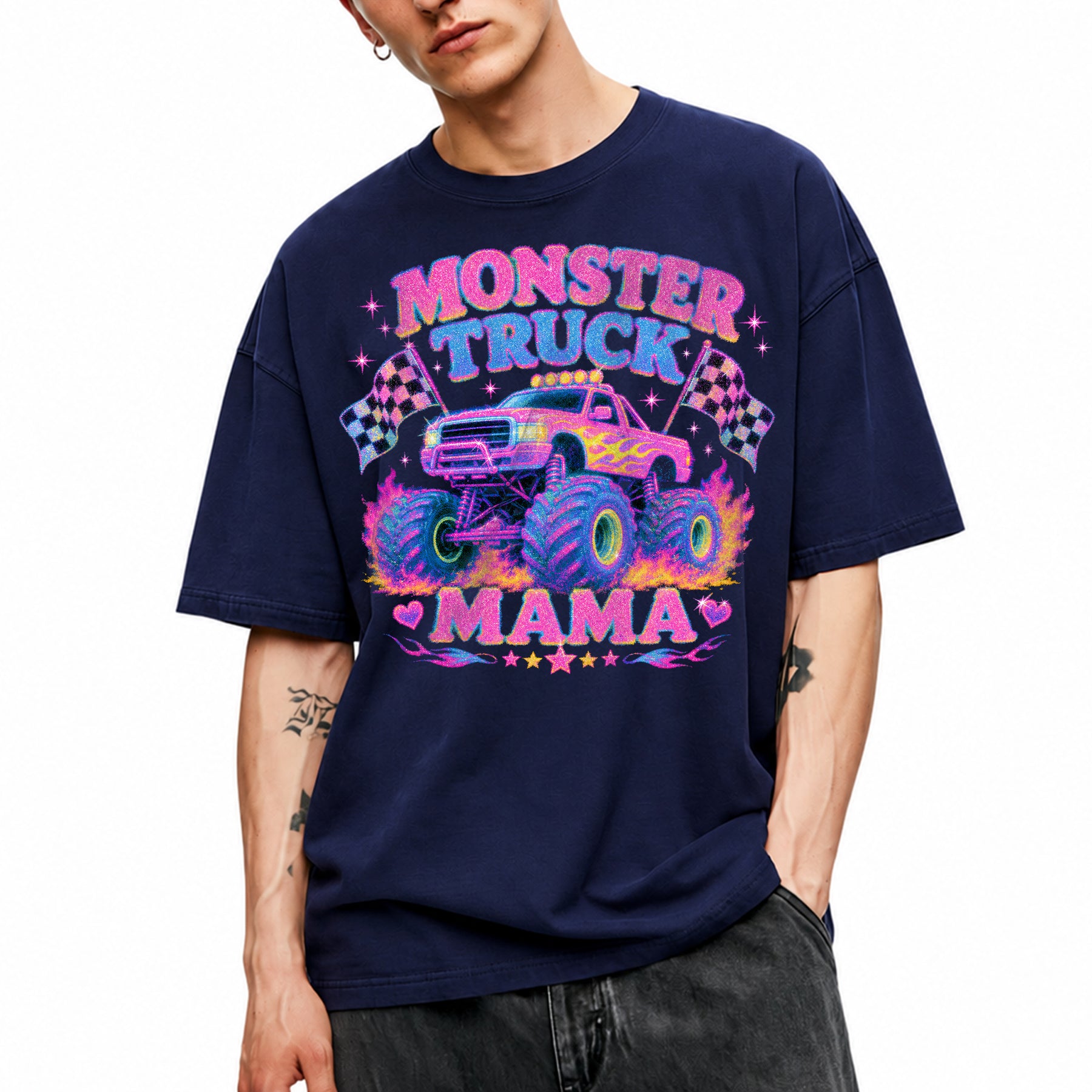 SF_COLOR=navy; SF_ITEM=adult-t-shirt; SF_ROLE=main; Glitter Monster Truck Mama Racing Flame T-Shirt Funny Mother Retro Tee - Navy Adult T-Shirt product image