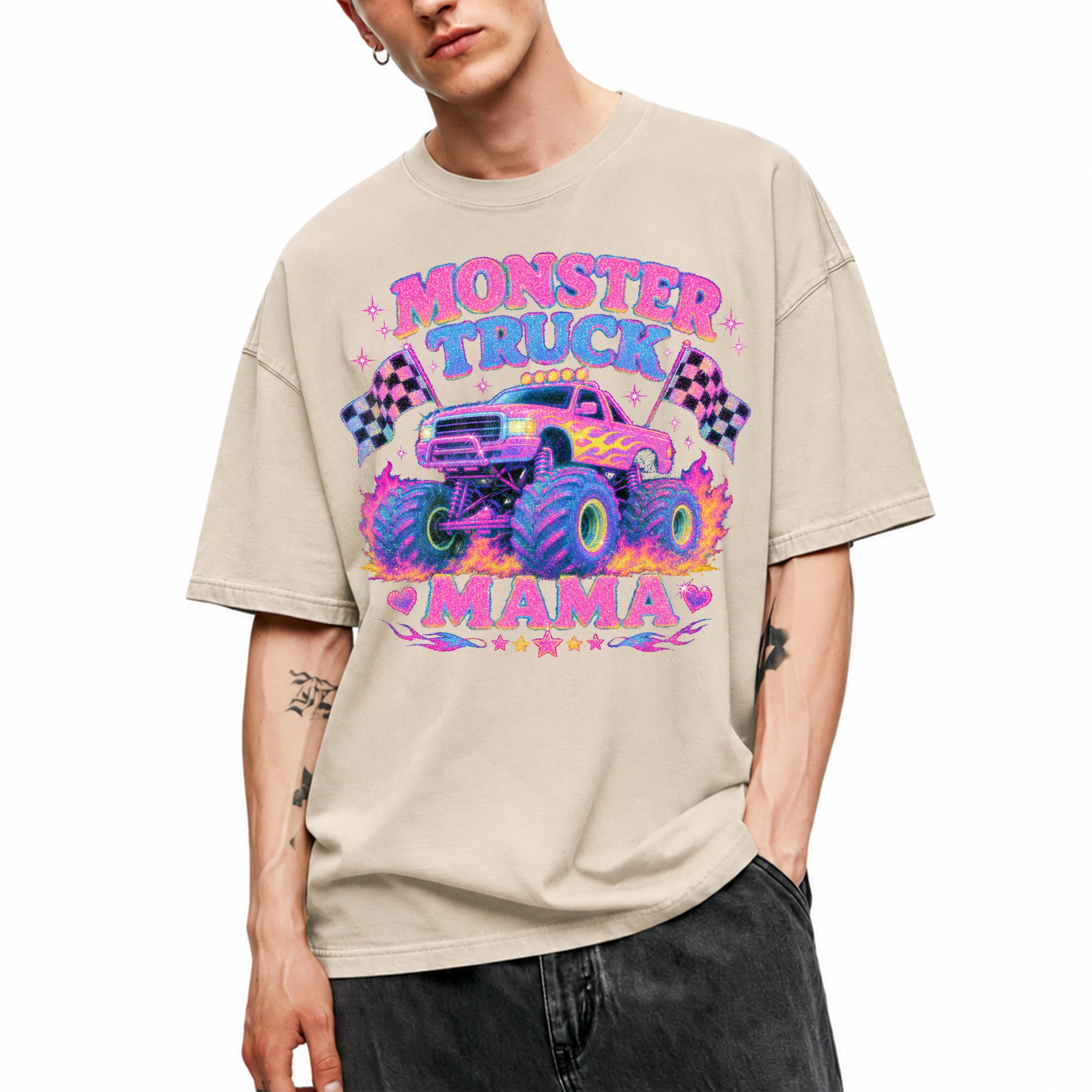 SF_COLOR=sand; SF_ITEM=adult-t-shirt; SF_ROLE=main; Glitter Monster Truck Mama Racing Flame T-Shirt Funny Mother Retro Tee - Sand Adult T-Shirt product image