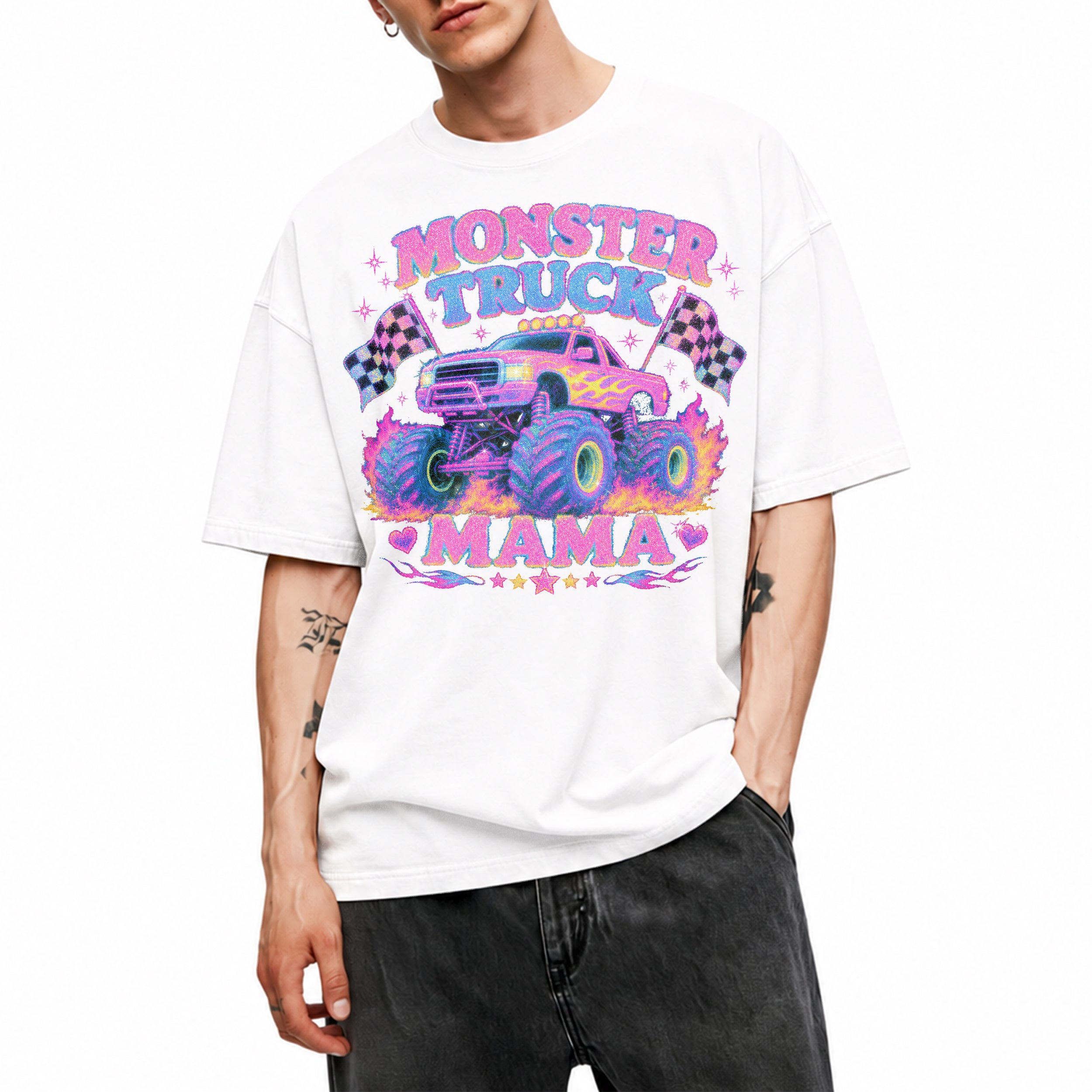 SF_COLOR=white; SF_ITEM=adult-t-shirt; SF_ROLE=main; Glitter Monster Truck Mama Racing Flame T-Shirt Funny Mother Retro Tee - White Adult T-Shirt product image