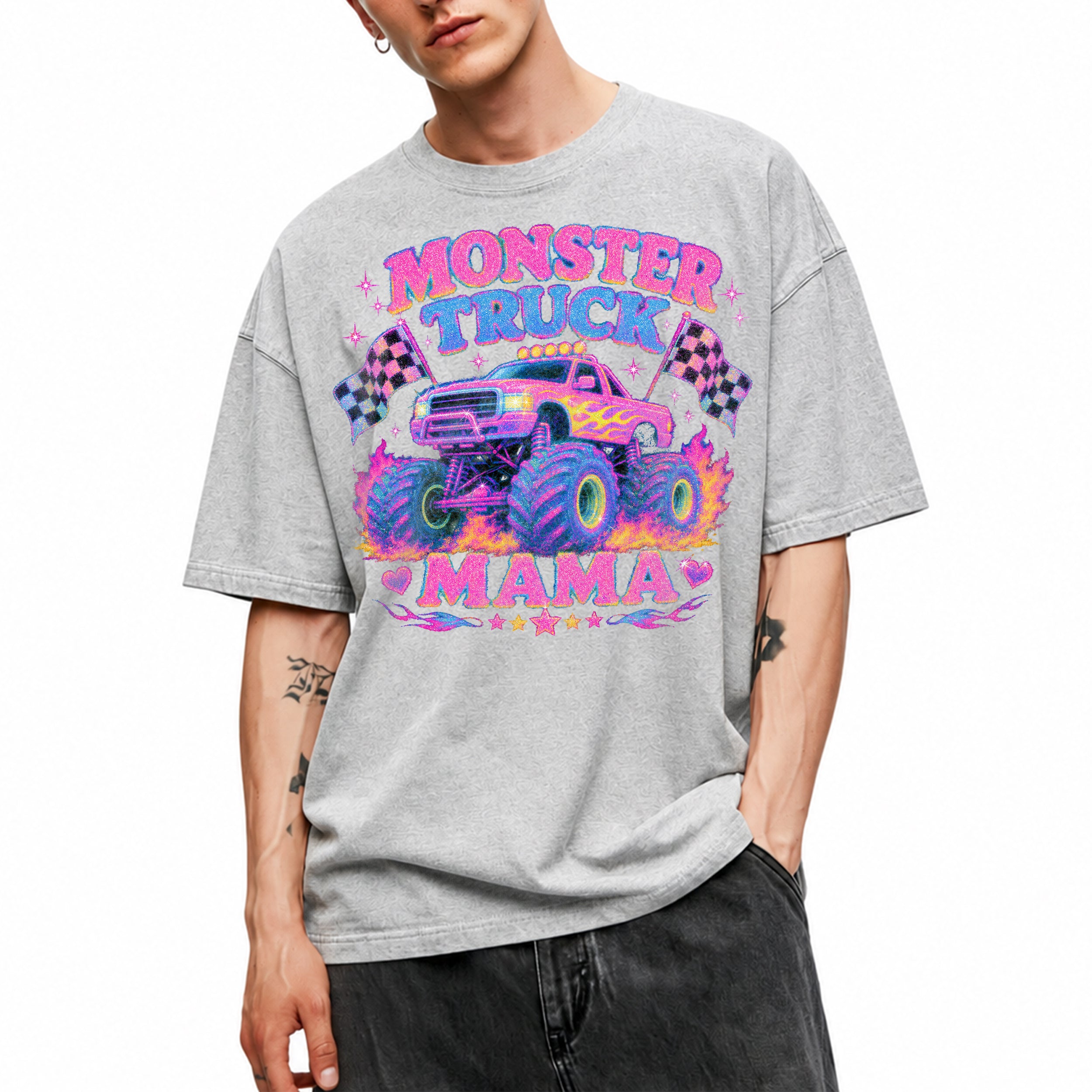SF_COLOR=sport-grey; SF_ITEM=adult-t-shirt; SF_ROLE=main; Glitter Monster Truck Mama Racing Flame T-Shirt Funny Mother Retro Tee - Sport Grey Adult T-Shirt product image