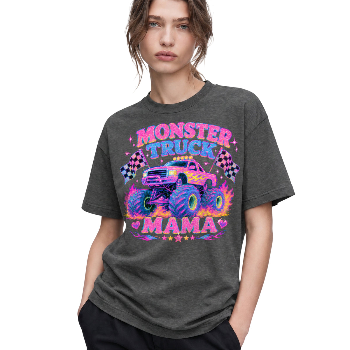 SF_COLOR=dark-heather; SF_ITEM=adult-t-shirt; SF_ROLE=gallery; Glitter Monster Truck Mama Racing Flame T-Shirt Funny Mother Retro Tee - Dark Heather Adult T-Shirt product image