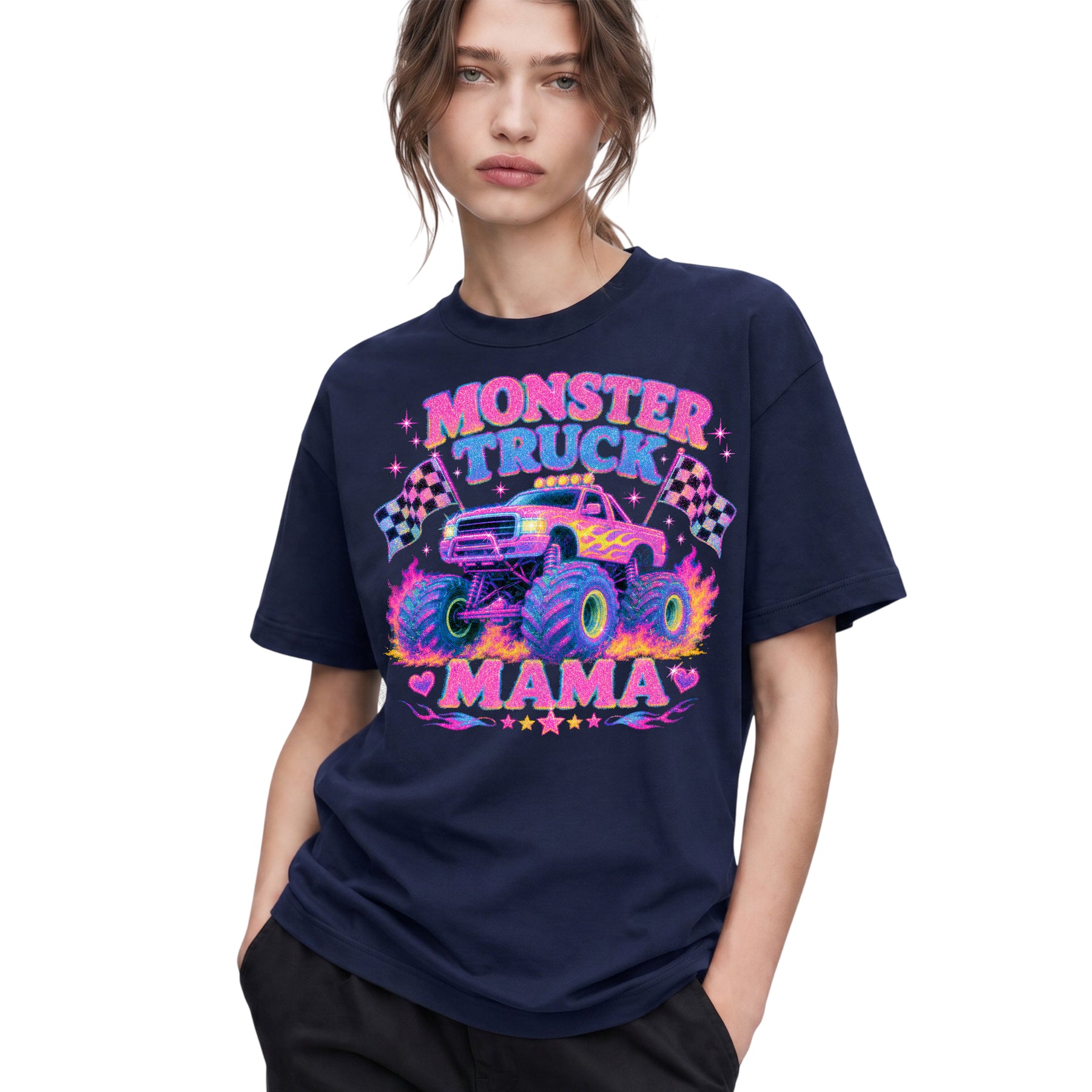 SF_COLOR=navy; SF_ITEM=adult-t-shirt; SF_ROLE=gallery; Glitter Monster Truck Mama Racing Flame T-Shirt Funny Mother Retro Tee - Navy Adult T-Shirt product image