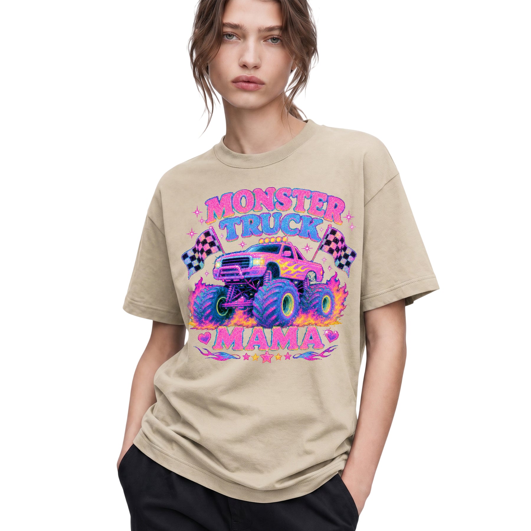 SF_COLOR=sand; SF_ITEM=adult-t-shirt; SF_ROLE=gallery; Glitter Monster Truck Mama Racing Flame T-Shirt Funny Mother Retro Tee - Sand Adult T-Shirt product image