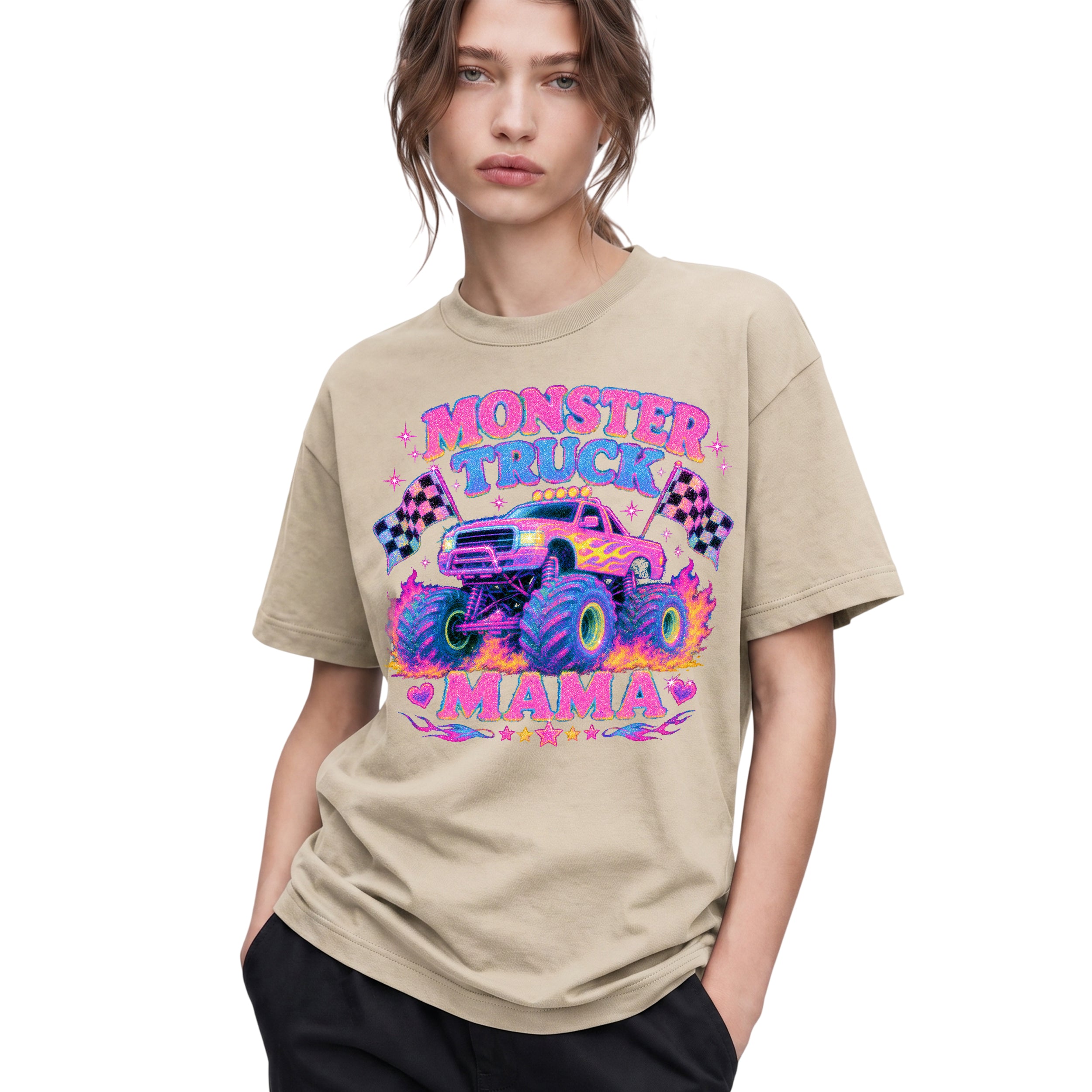 SF_COLOR=sand; SF_ITEM=adult-t-shirt; SF_ROLE=gallery; Glitter Monster Truck Mama Racing Flame T-Shirt Funny Mother Retro Tee - Sand Adult T-Shirt product image
