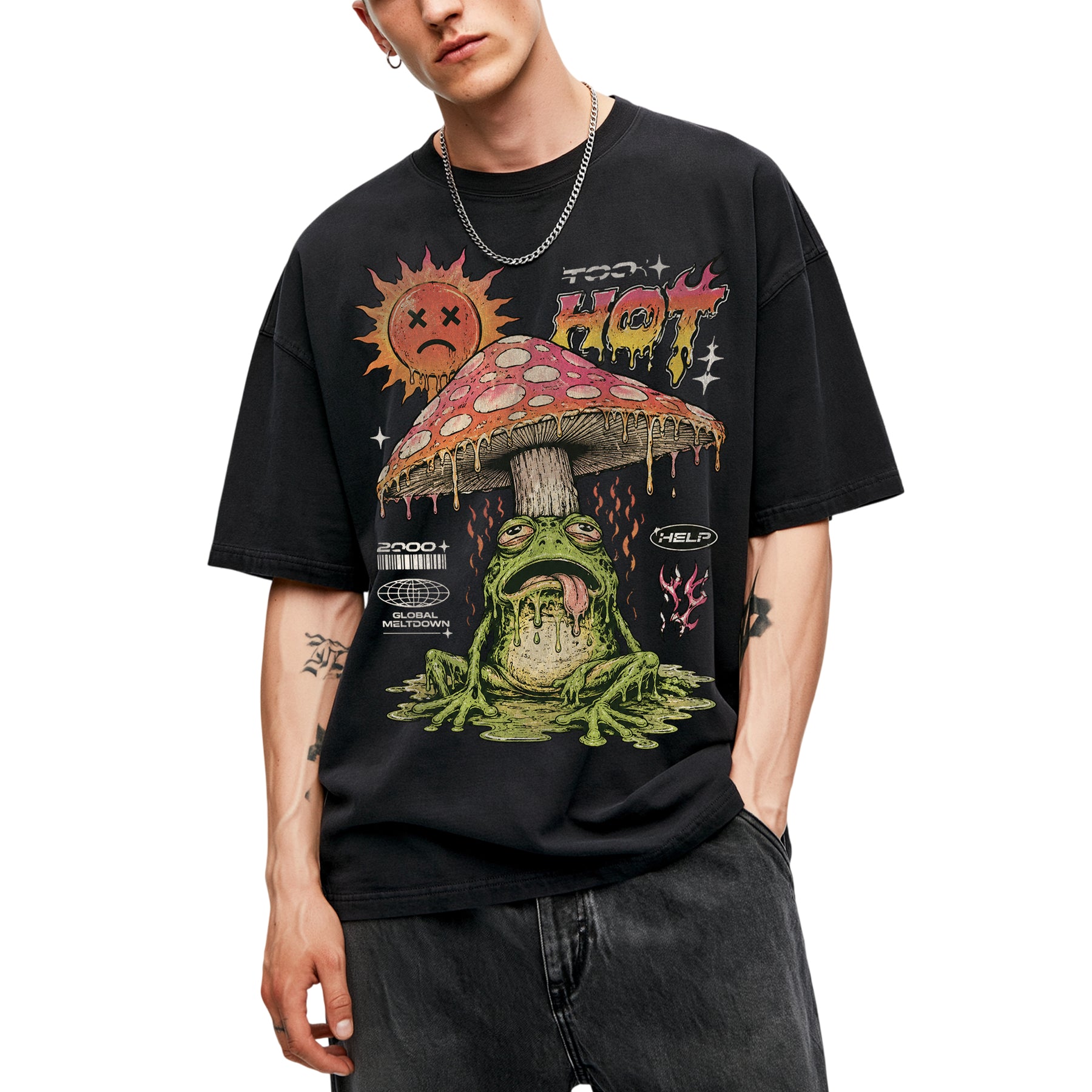 SF_COLOR=black; SF_ITEM=adult-t-shirt; SF_ROLE=main; Global Meltdown Frog T-Shirt Funny Too Hot Summer Weather Sarcastic Top Print - Black Adult T-Shirt product image