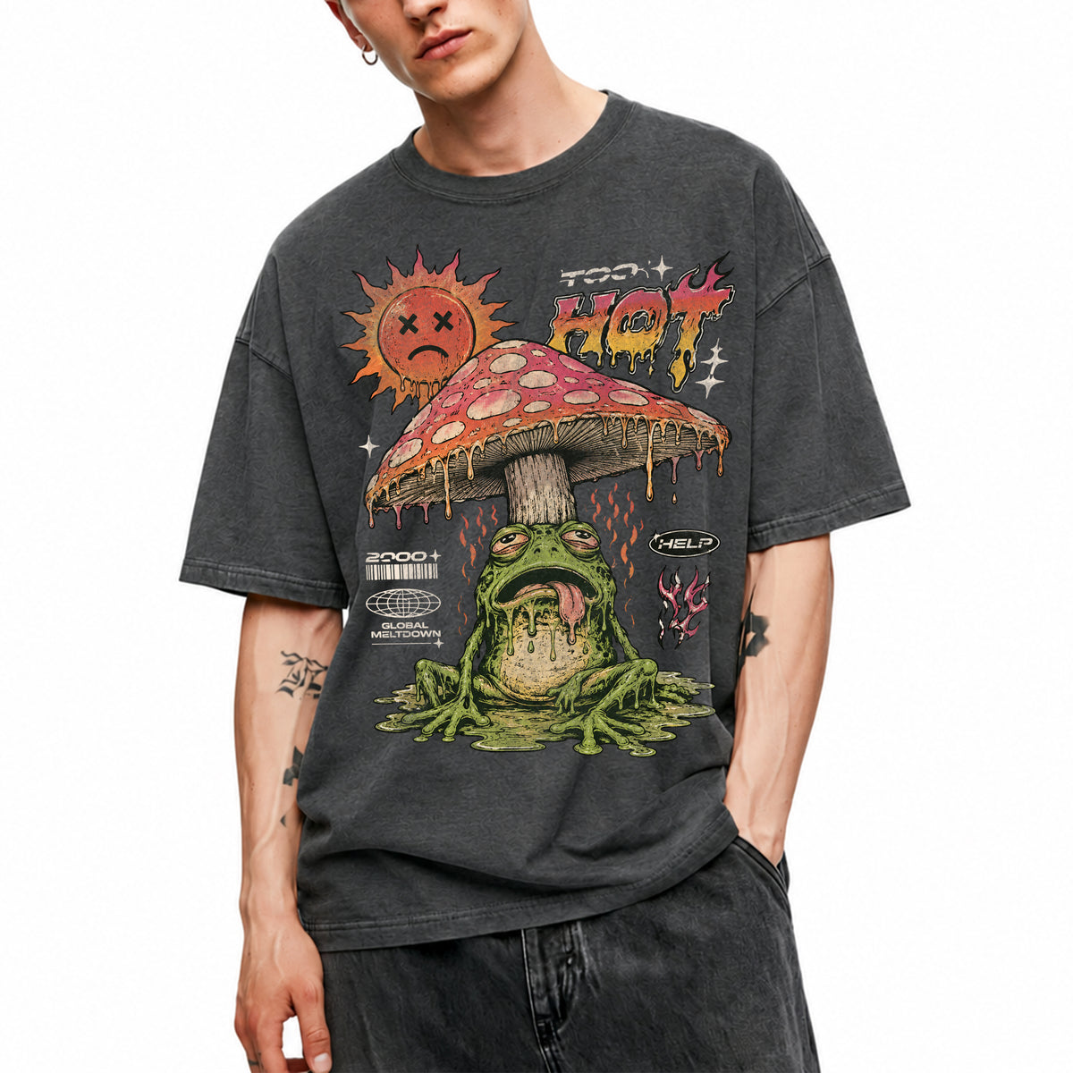 SF_COLOR=dark-heather; SF_ITEM=adult-t-shirt; SF_ROLE=main; Global Meltdown Frog T-Shirt Funny Too Hot Summer Weather Sarcastic Top Print - Dark Heather Adult T-Shirt product image