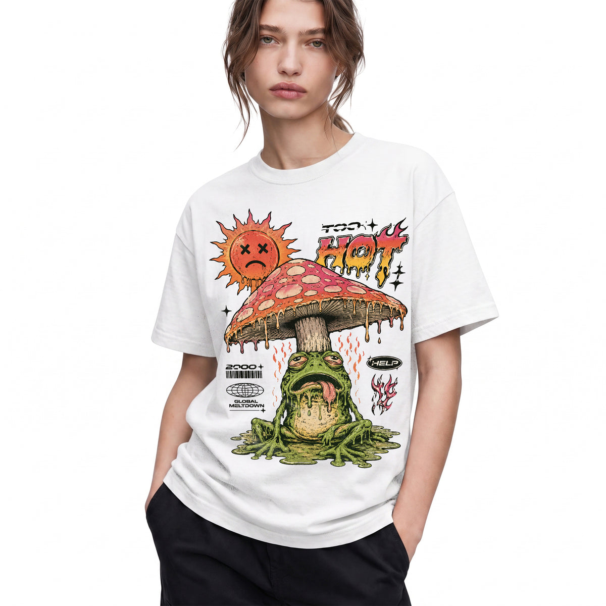 SF_COLOR=white; SF_ITEM=adult-t-shirt; SF_ROLE=gallery; Global Meltdown Frog T-Shirt Funny Too Hot Summer Weather Sarcastic Top Print - White Adult T-Shirt product image