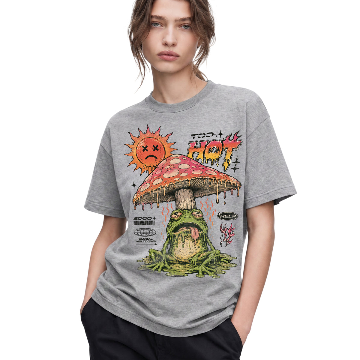 SF_COLOR=sport-grey; SF_ITEM=adult-t-shirt; SF_ROLE=gallery; Global Meltdown Frog T-Shirt Funny Too Hot Summer Weather Sarcastic Top Print - Sport Grey Adult T-Shirt product image