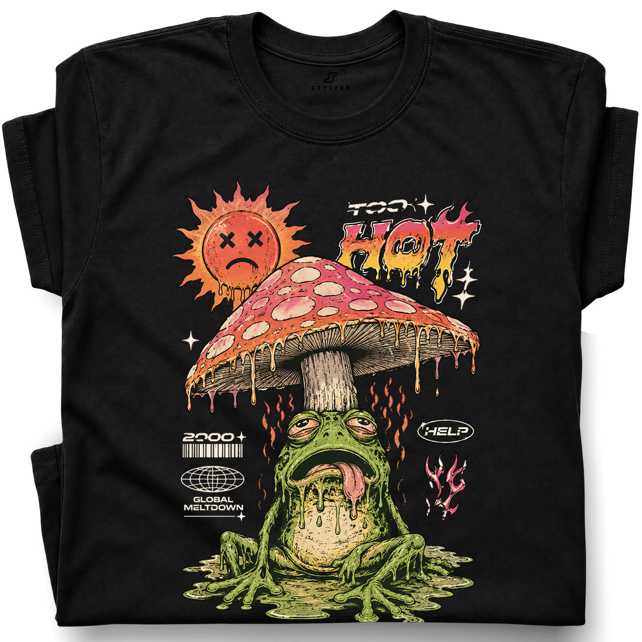SF_COLOR=black; SF_ITEM=adult-t-shirt; SF_ROLE=gallery; Global Meltdown Frog T-Shirt Funny Too Hot Summer Weather Sarcastic Top Print - Black Adult T-Shirt product image