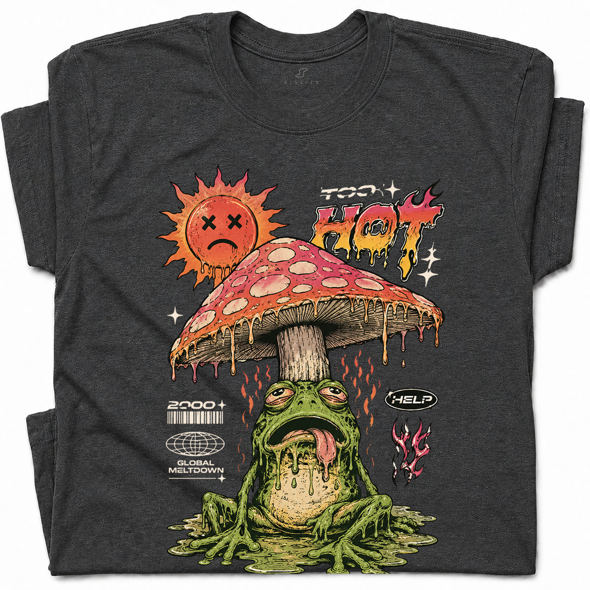 SF_COLOR=dark-heather; SF_ITEM=adult-t-shirt; SF_ROLE=gallery; Global Meltdown Frog T-Shirt Funny Too Hot Summer Weather Sarcastic Top Print - Dark Heather Adult T-Shirt product image