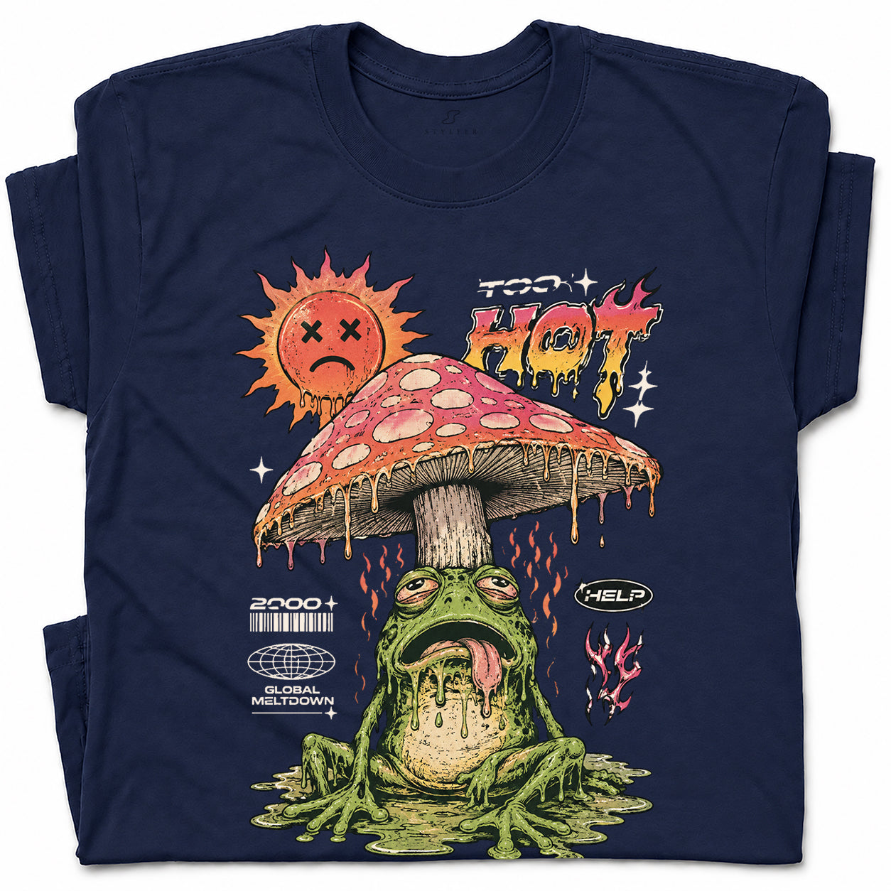 SF_COLOR=navy; SF_ITEM=adult-t-shirt; SF_ROLE=gallery; Global Meltdown Frog T-Shirt Funny Too Hot Summer Weather Sarcastic Top Print - Navy Adult T-Shirt product image