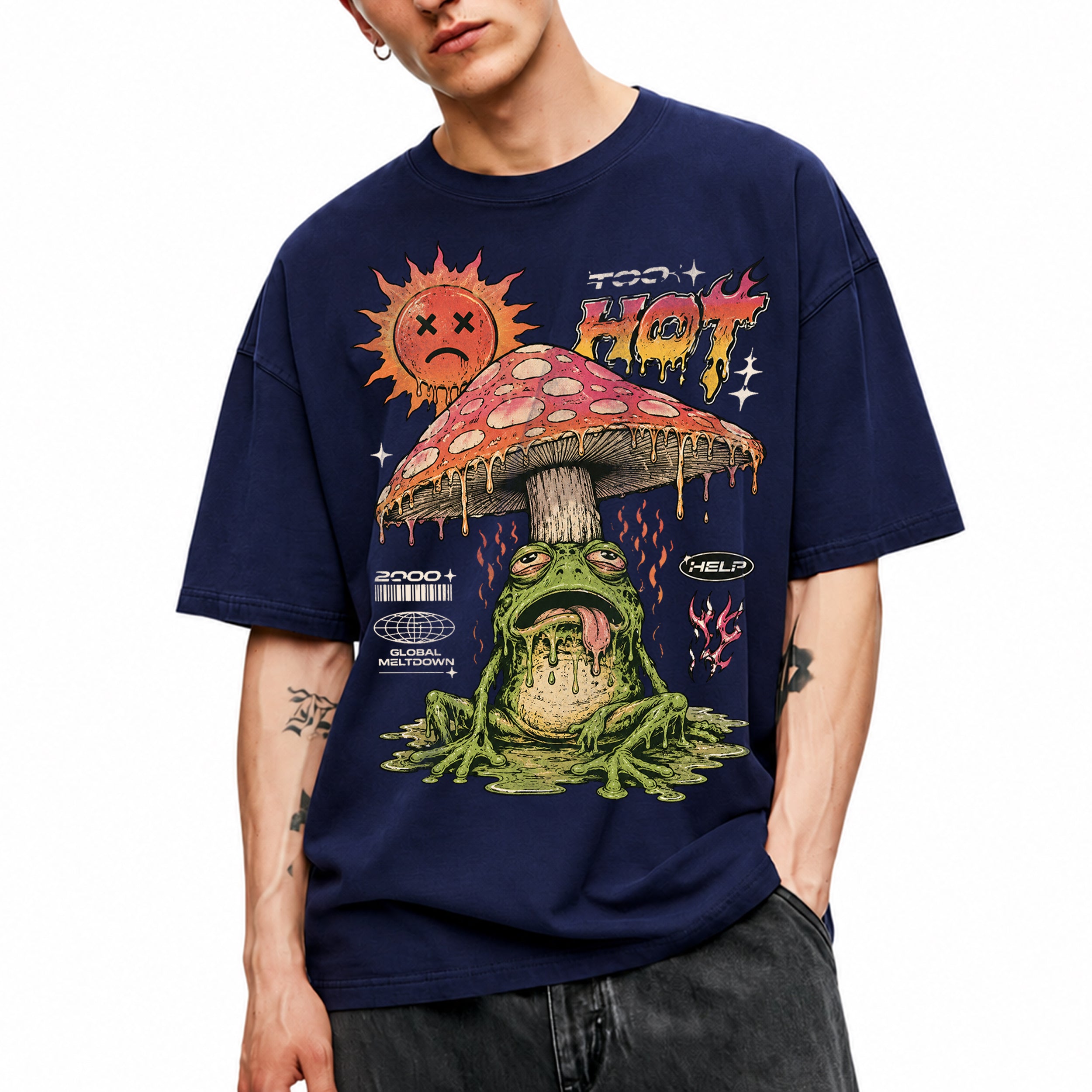 SF_COLOR=navy; SF_ITEM=adult-t-shirt; SF_ROLE=main; Global Meltdown Frog T-Shirt Funny Too Hot Summer Weather Sarcastic Top Print - Navy Adult T-Shirt product image