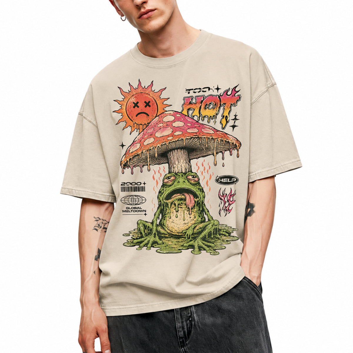 SF_COLOR=sand; SF_ITEM=adult-t-shirt; SF_ROLE=main; Global Meltdown Frog T-Shirt Funny Too Hot Summer Weather Sarcastic Top Print - Sand Adult T-Shirt product image