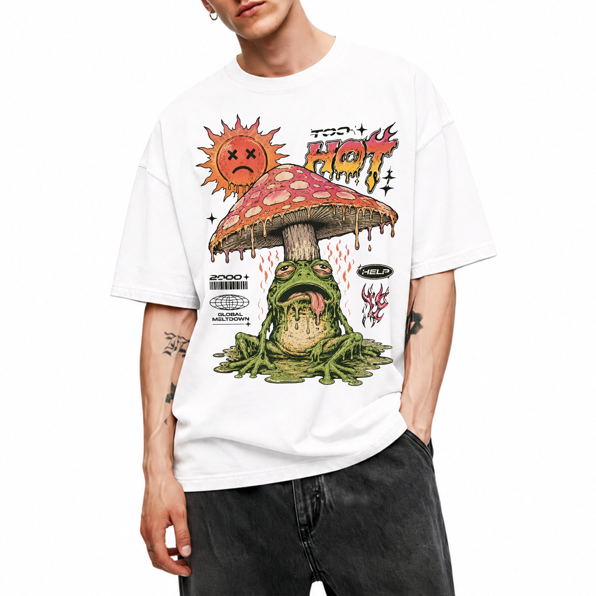 SF_COLOR=white; SF_ITEM=adult-t-shirt; SF_ROLE=main; Global Meltdown Frog T-Shirt Funny Too Hot Summer Weather Sarcastic Top Print - White Adult T-Shirt product image