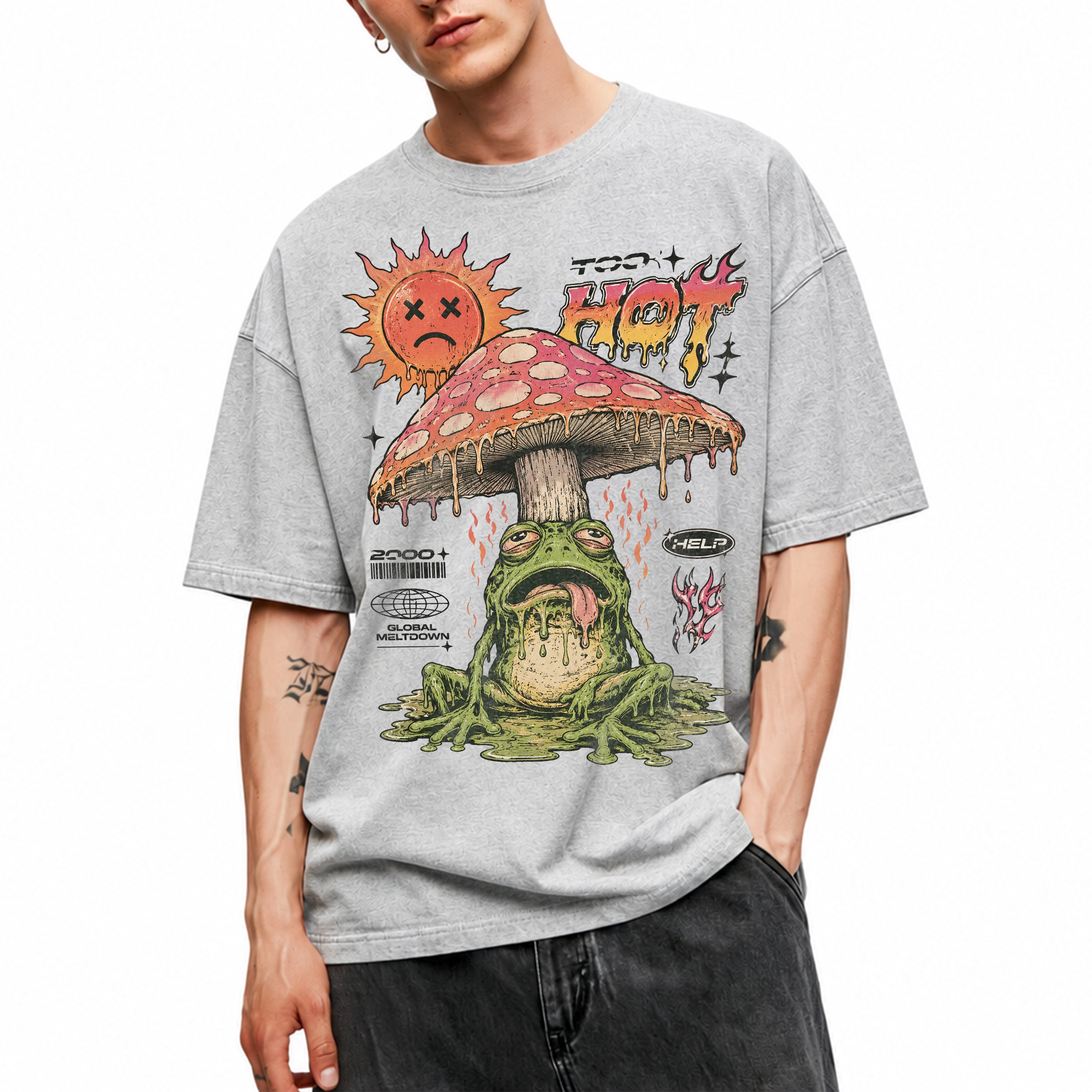 SF_COLOR=sport-grey; SF_ITEM=adult-t-shirt; SF_ROLE=main; Global Meltdown Frog T-Shirt Funny Too Hot Summer Weather Sarcastic Top Print - Sport Grey Adult T-Shirt product image