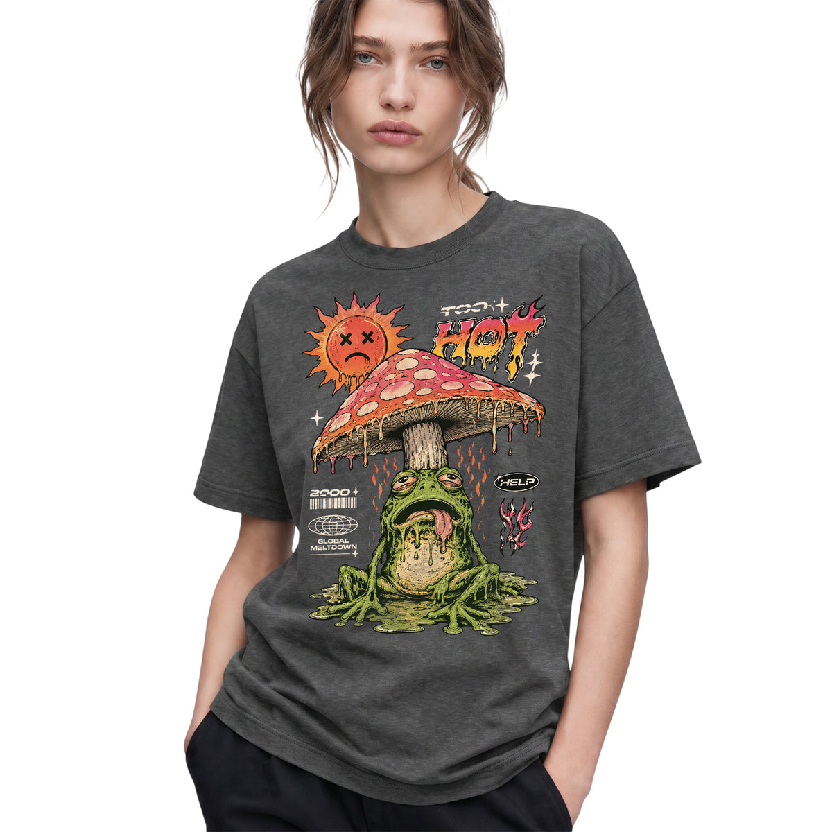 SF_COLOR=dark-heather; SF_ITEM=adult-t-shirt; SF_ROLE=gallery; Global Meltdown Frog T-Shirt Funny Too Hot Summer Weather Sarcastic Top Print - Dark Heather Adult T-Shirt product image