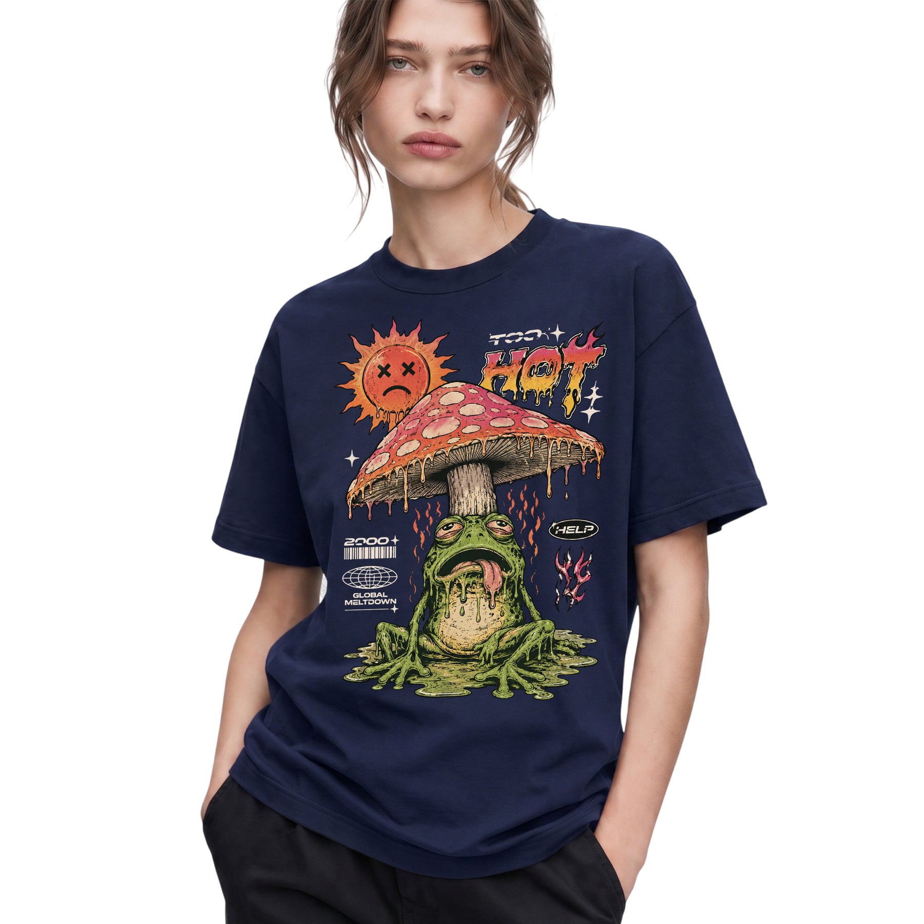 SF_COLOR=navy; SF_ITEM=adult-t-shirt; SF_ROLE=gallery; Global Meltdown Frog T-Shirt Funny Too Hot Summer Weather Sarcastic Top Print - Navy Adult T-Shirt product image