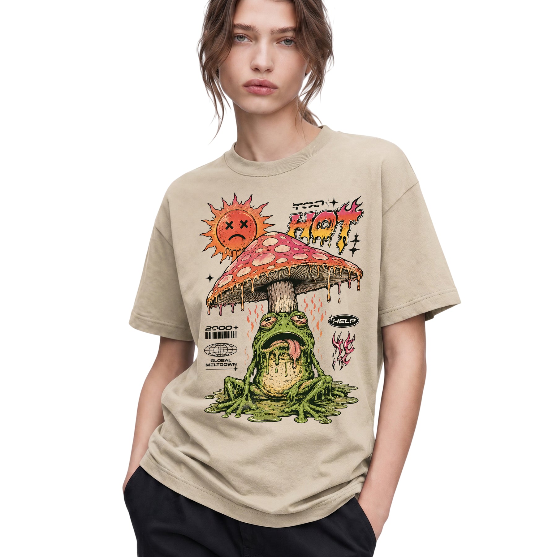 SF_COLOR=sand; SF_ITEM=adult-t-shirt; SF_ROLE=gallery; Global Meltdown Frog T-Shirt Funny Too Hot Summer Weather Sarcastic Top Print - Sand Adult T-Shirt product image