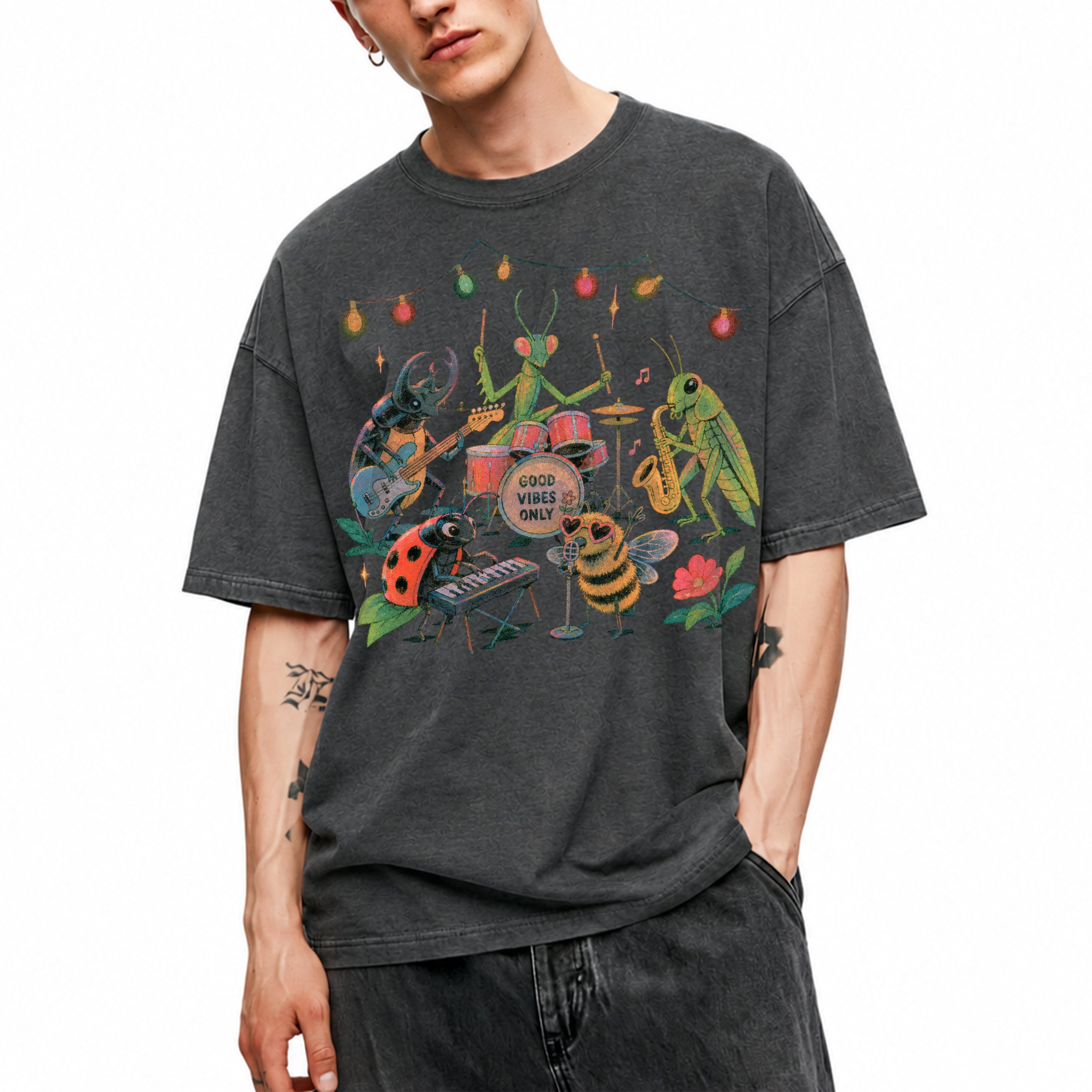 SF_COLOR=dark-heather; SF_ITEM=adult-t-shirt; SF_ROLE=main; Good Vibes Only Insect Band T-Shirt Cute Bugs Playing Music Retro Kawaii Tee - Dark Heather Adult T-Shirt product image