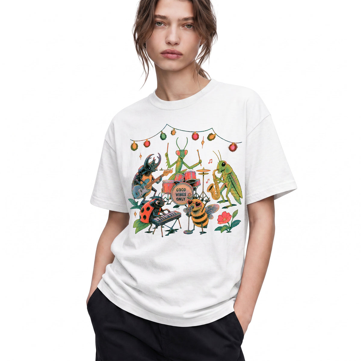 SF_COLOR=white; SF_ITEM=adult-t-shirt; SF_ROLE=gallery; Good Vibes Only Insect Band T-Shirt Cute Bugs Playing Music Retro Kawaii Tee - White Adult T-Shirt product image