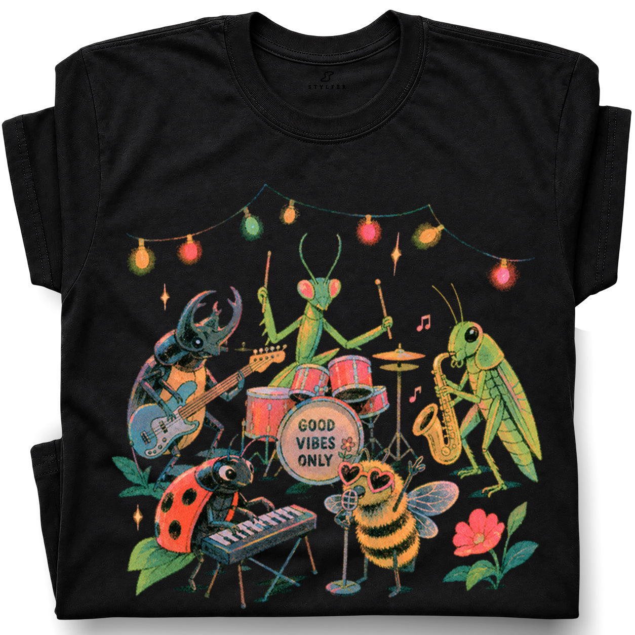 SF_COLOR=black; SF_ITEM=adult-t-shirt; SF_ROLE=gallery; Good Vibes Only Insect Band T-Shirt Cute Bugs Playing Music Retro Kawaii Tee - Black Adult T-Shirt product image