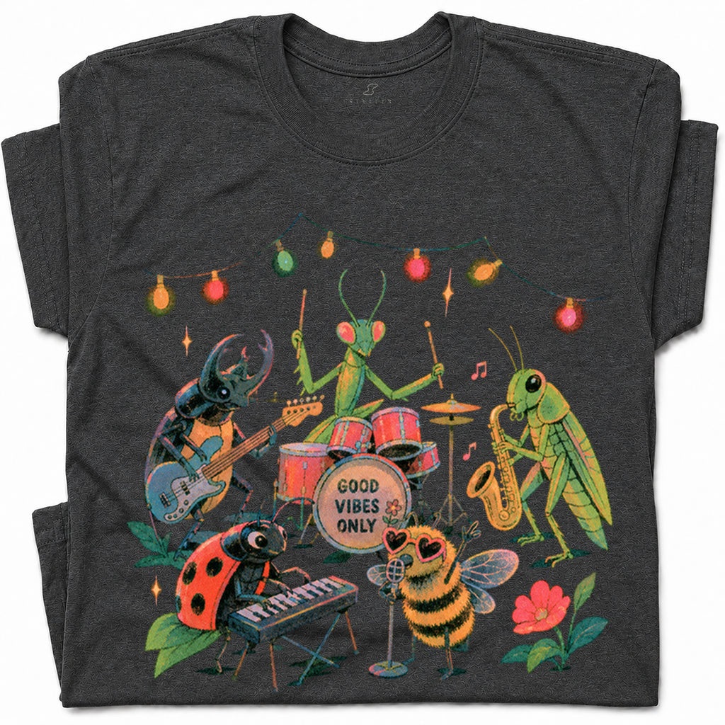 SF_COLOR=dark-heather; SF_ITEM=adult-t-shirt; SF_ROLE=gallery; Good Vibes Only Insect Band T-Shirt Cute Bugs Playing Music Retro Kawaii Tee - Dark Heather Adult T-Shirt product image